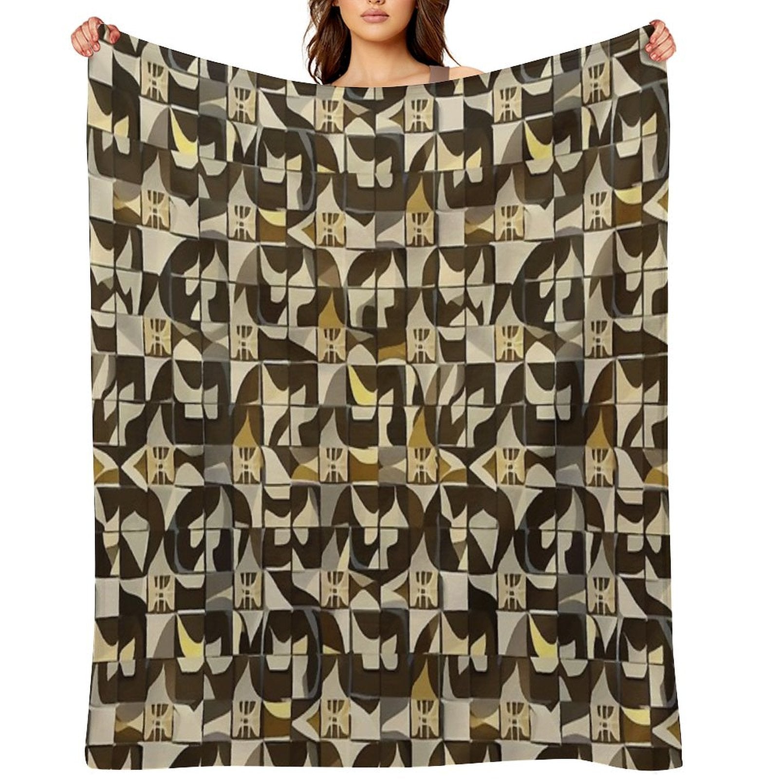 Retro Tile Pattern Brown Shades with Little White, Silver And Beige All-season Throw Blanket