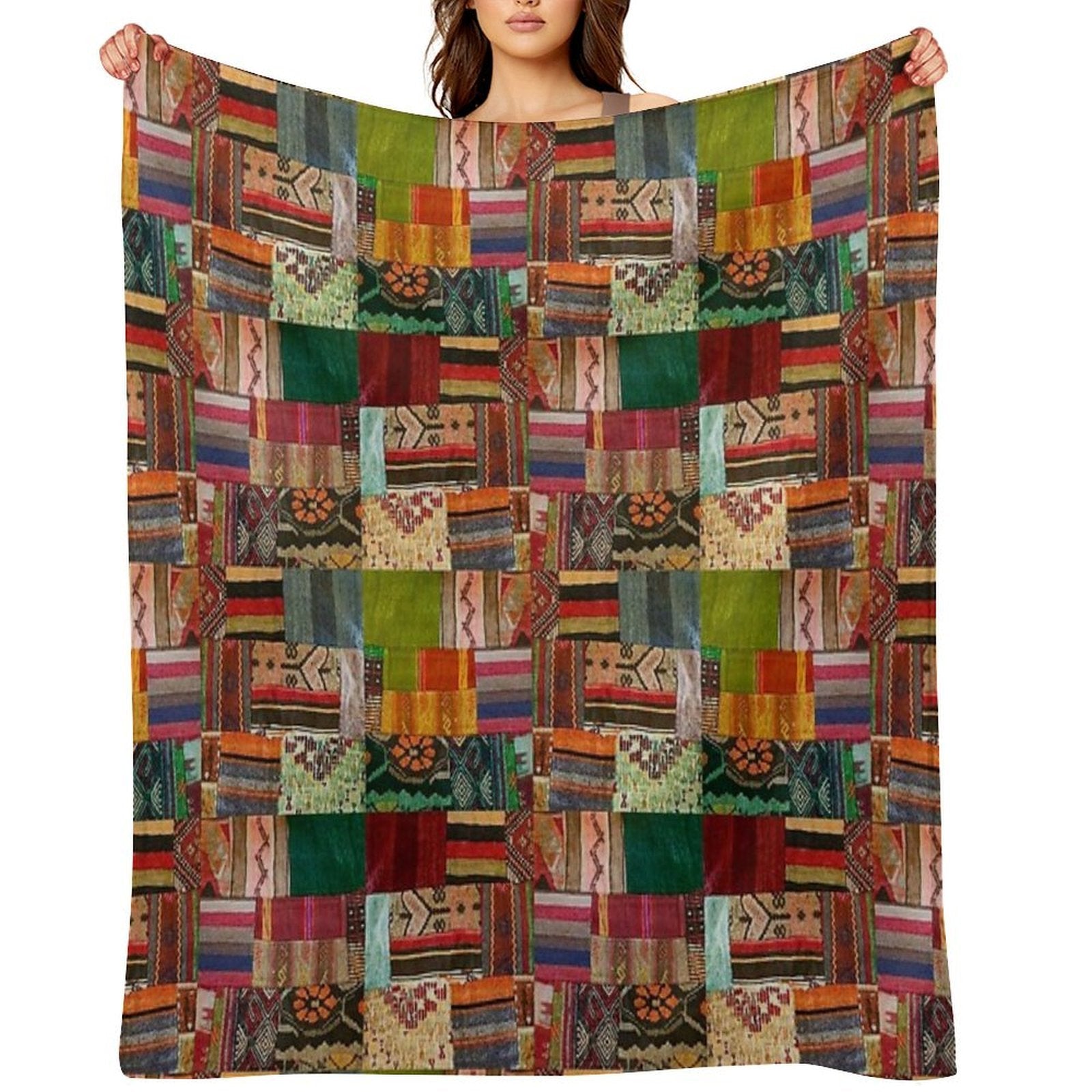 Tradional Kilim Patchwork Multi Colored Design Anti-pilling Throw Blanket