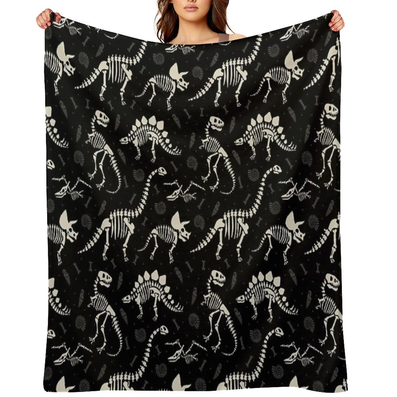 Dinosaur Fossils in Black Travel-friendly Throw Blanket