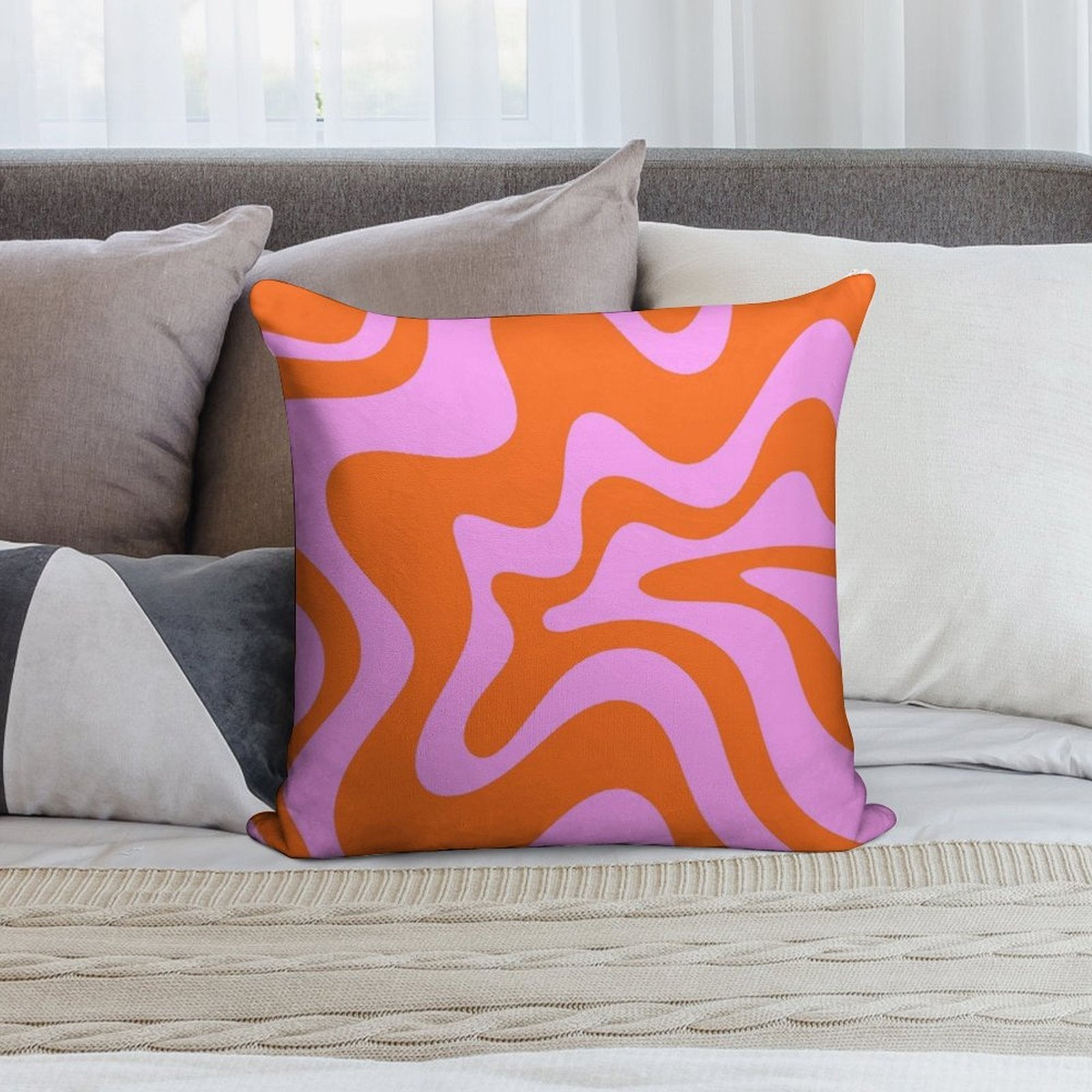 Retro Liquid Swirl Abstract Pattern Square in Hot Pink And Red-Orange Soft Washable Throw Pillow