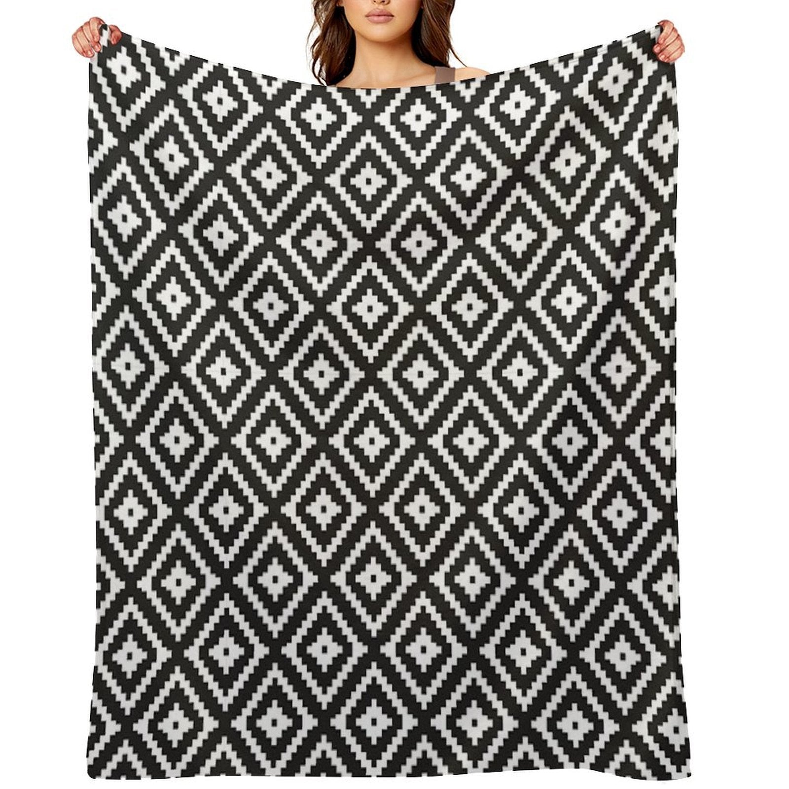 Aztec - White on Black Velvety-soft Throw Blanket