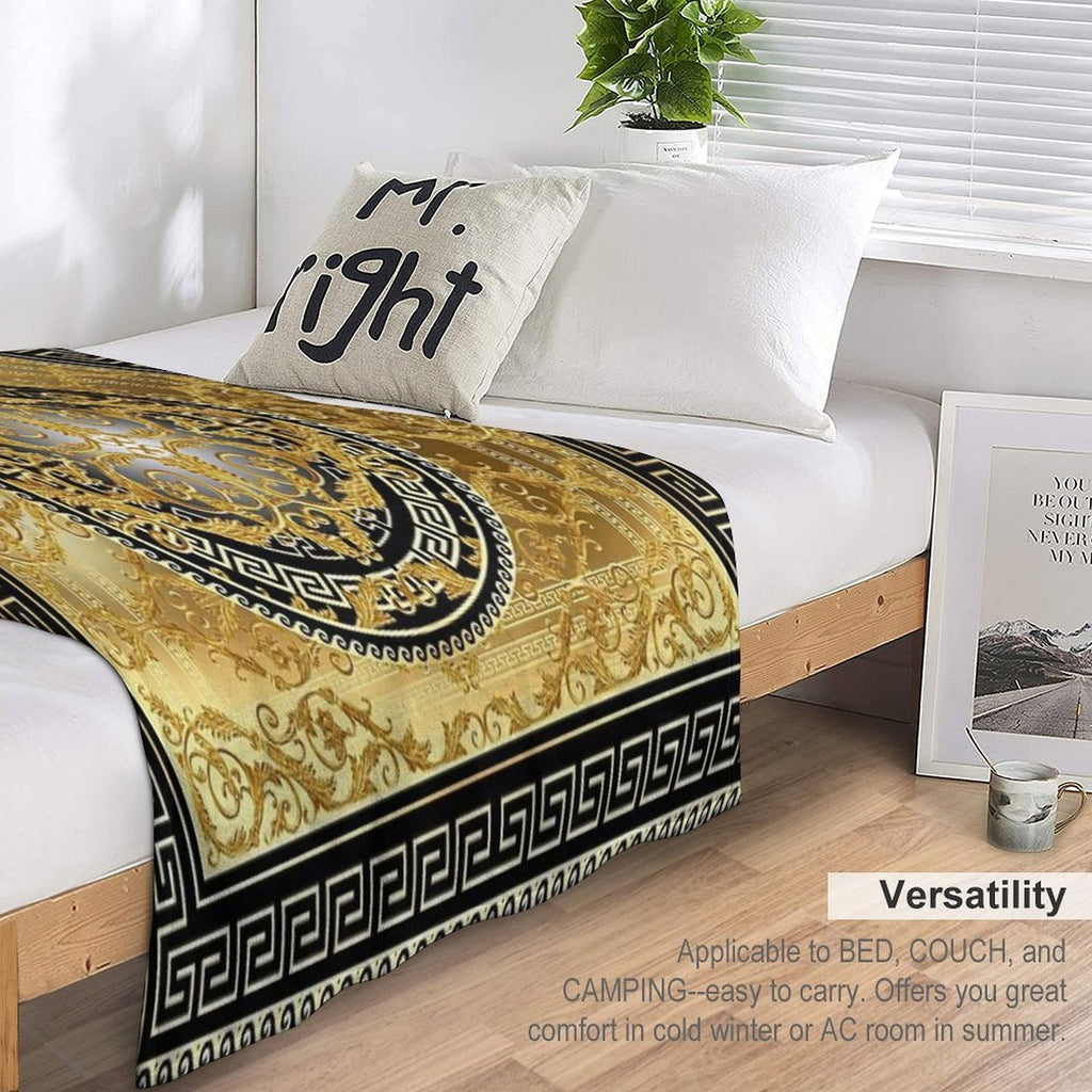 Ornate Baroque Black Gold Greek Keys Meander Travel-friendly Throw Blanket