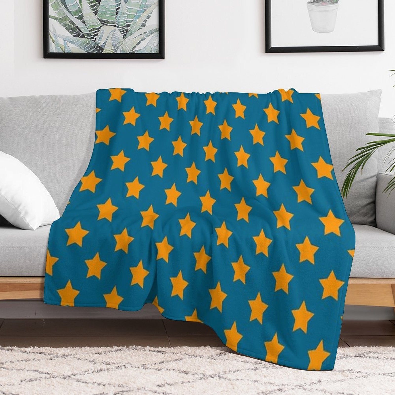 Orange Stars Blue Background Pattern Design Plush Throw Blanket
