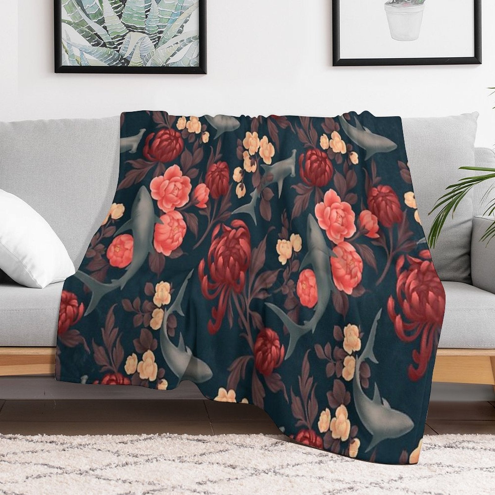 Botanical Shark (Red And Blue) Quick-dry Throw Blanket