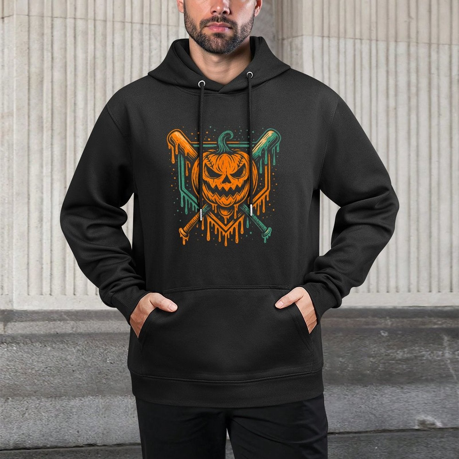Pumpkin Halloween Baseball Ice Cream Drip Spooky Boys Youth Machine Washable Hoodie