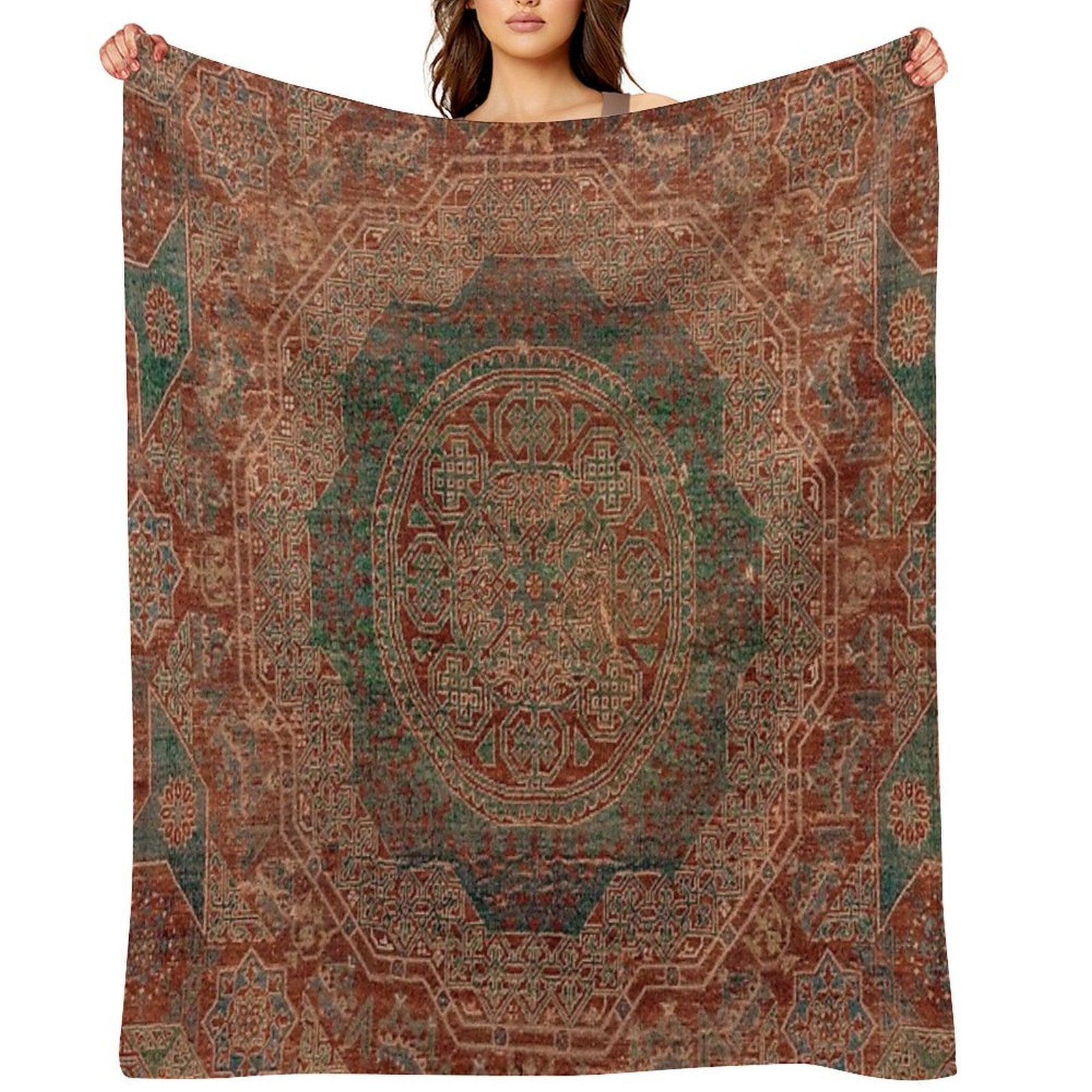 Bohemian Medallion I  15th Century Old Distressed Red Green Colorful Ornate Accent Rug Pattern Eco-conscious Throw Blanket