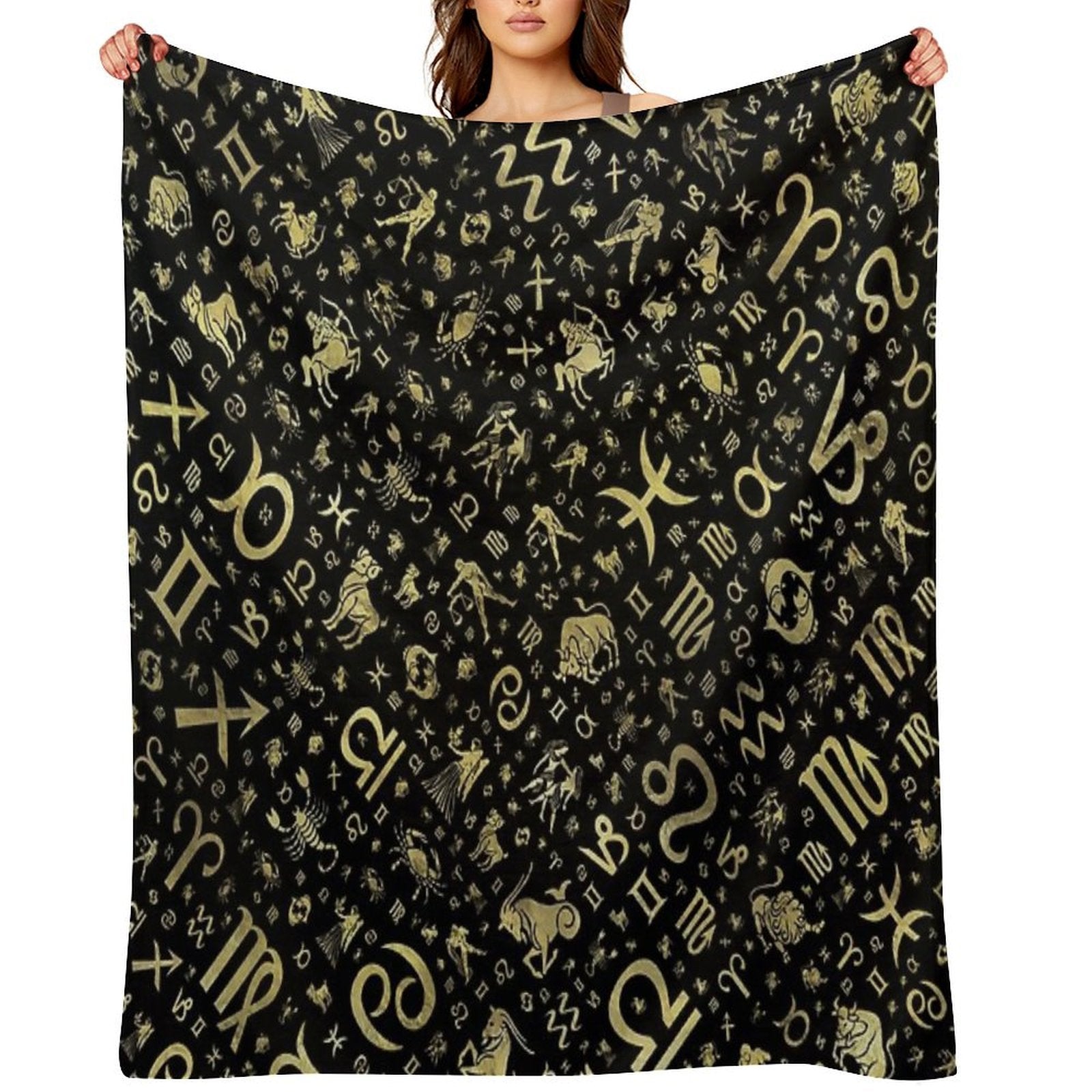 Zodiac Symbols And Glyphs Gold on Black Easy Care Throw Blanket