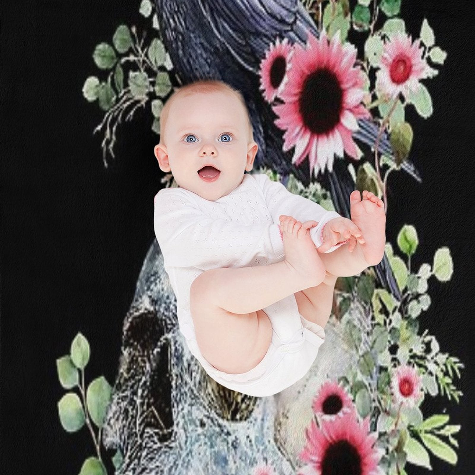Black Raven with Skull And Leaves Crow, Skeleton Leaves Eucaliptus And Pink Sunflowers Machine-washable Throw Blanket