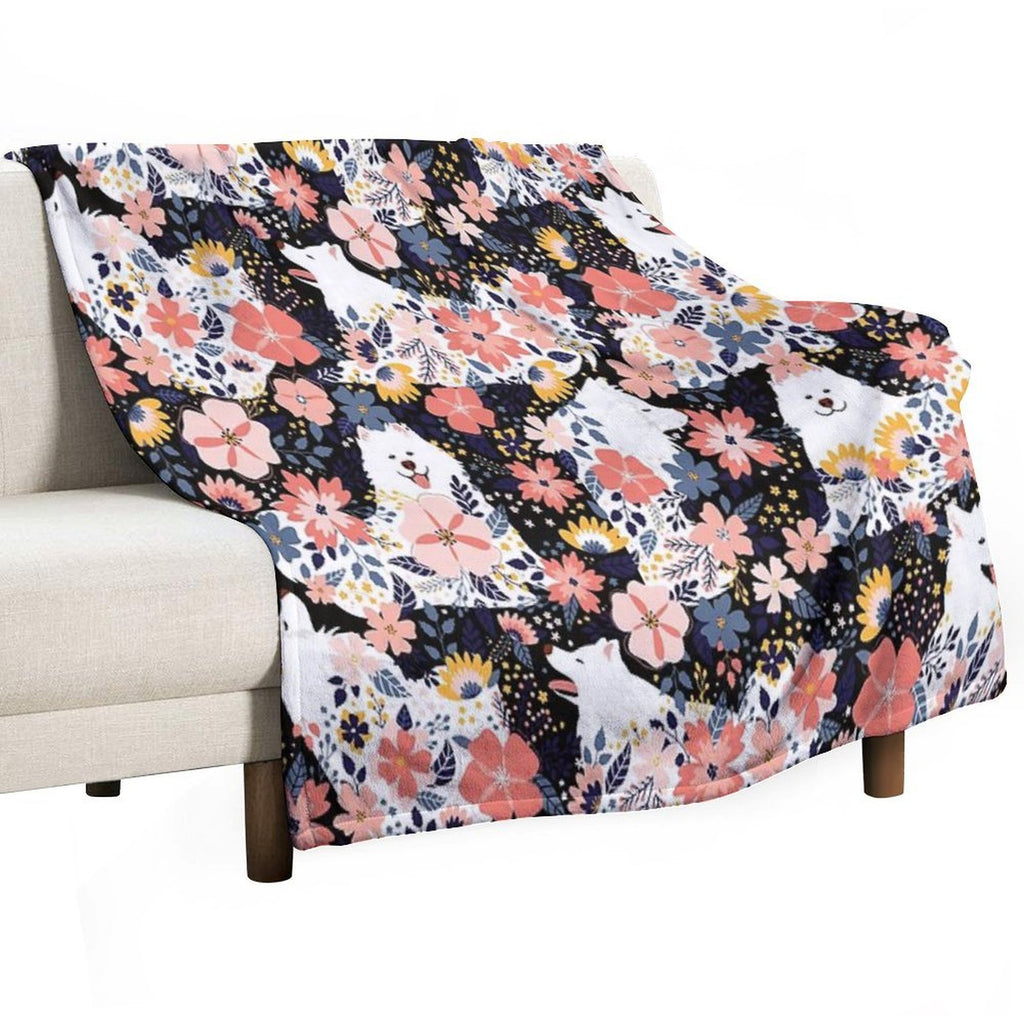 Cute Samoyed Garden - Black Background Shrink-resistant Throw Blanket