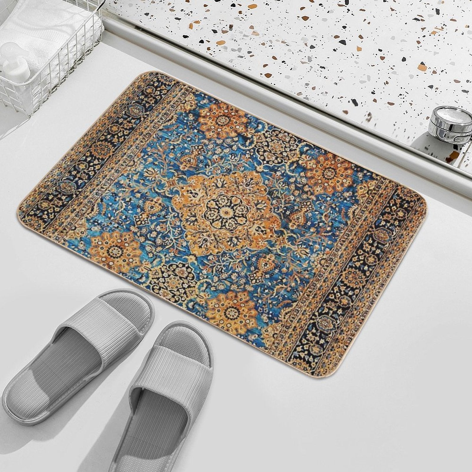 Antique Blue Persian Kirman Rug Print  Stain-Proof Bath Mat