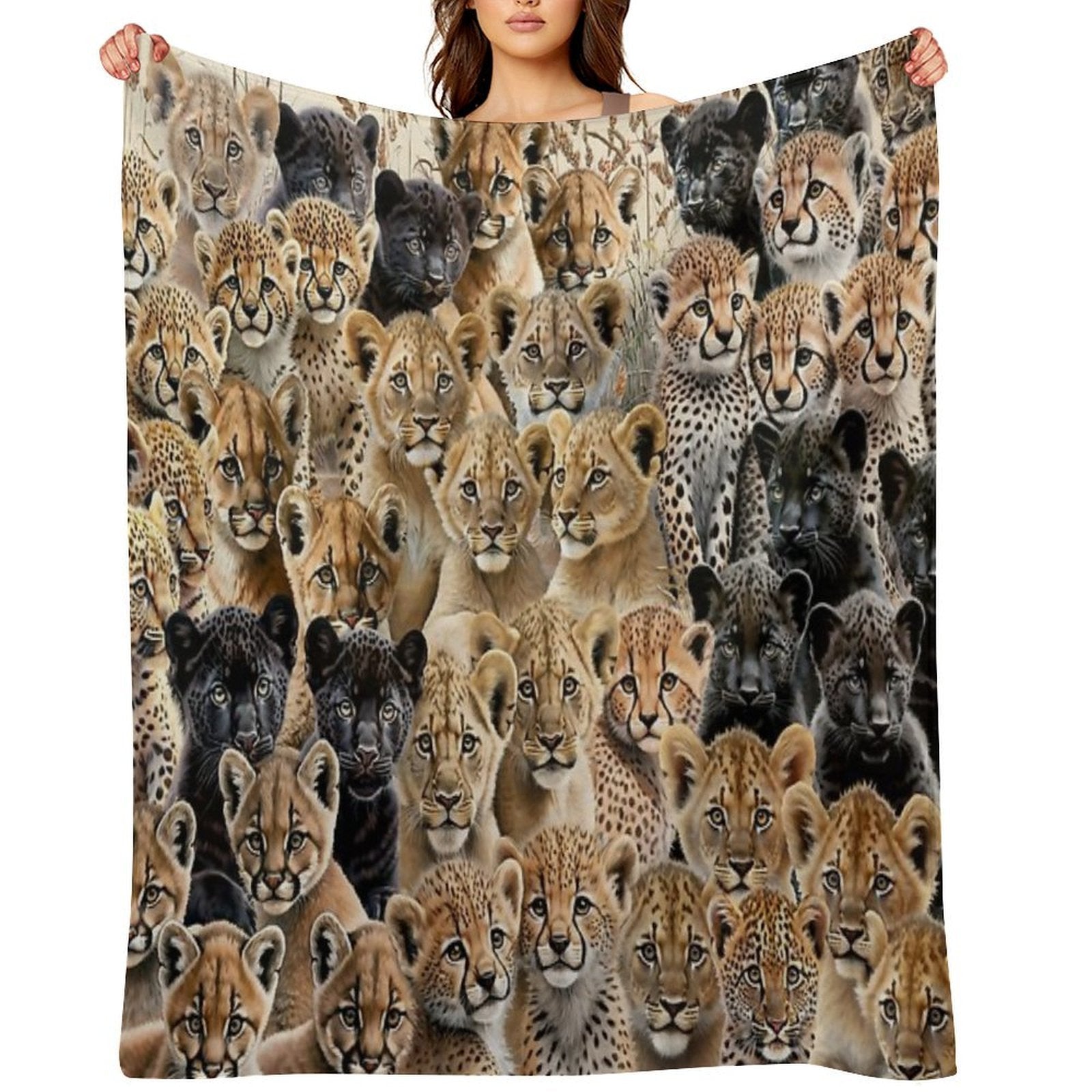 The Big-Little Roar Collage, Majestic Cubs, Baby Lions, Leopards, Cheetahs, Panthers And Cougars Easy Care Throw Blanket
