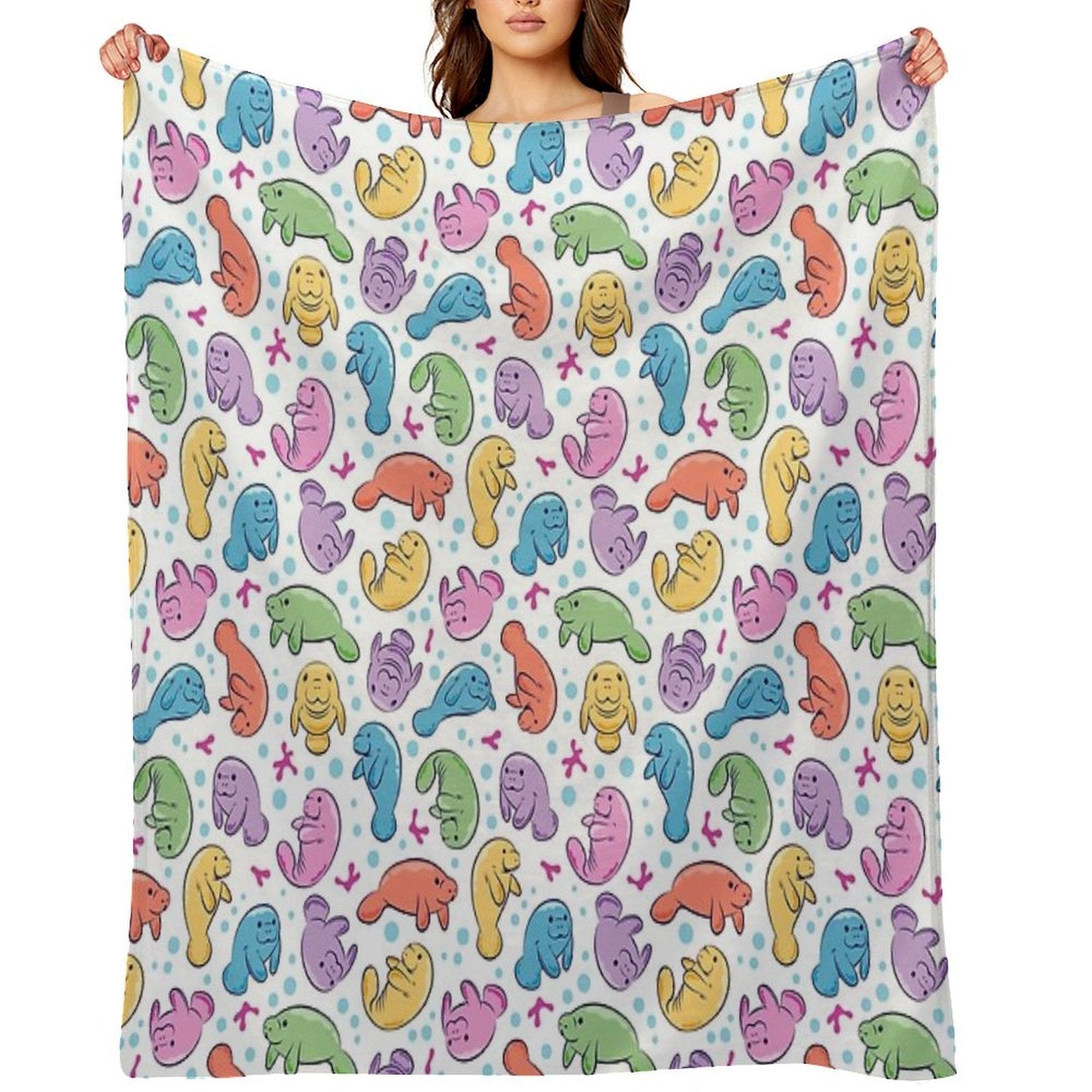 Cute Manatee Pattern - Colorful Underwater Pattern Travel-friendly Throw Blanket