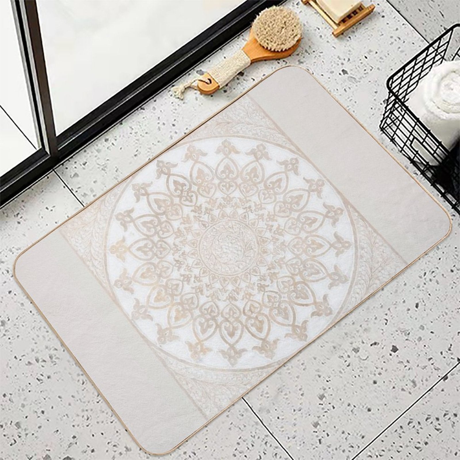 Carved Wooden Mandala Flower Geometric Design Art  Easy To Clean Bath Mat