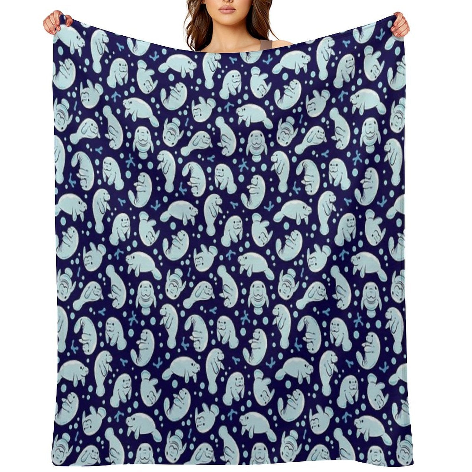 Cute Manatee Pattern - Blue Underwater Pattern Compact Throw Blanket