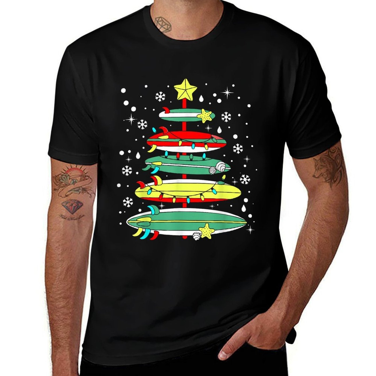 Surf Funny Surfboard Xmas Lights Surfing Christmas Tree  Easy-care T-Shirt