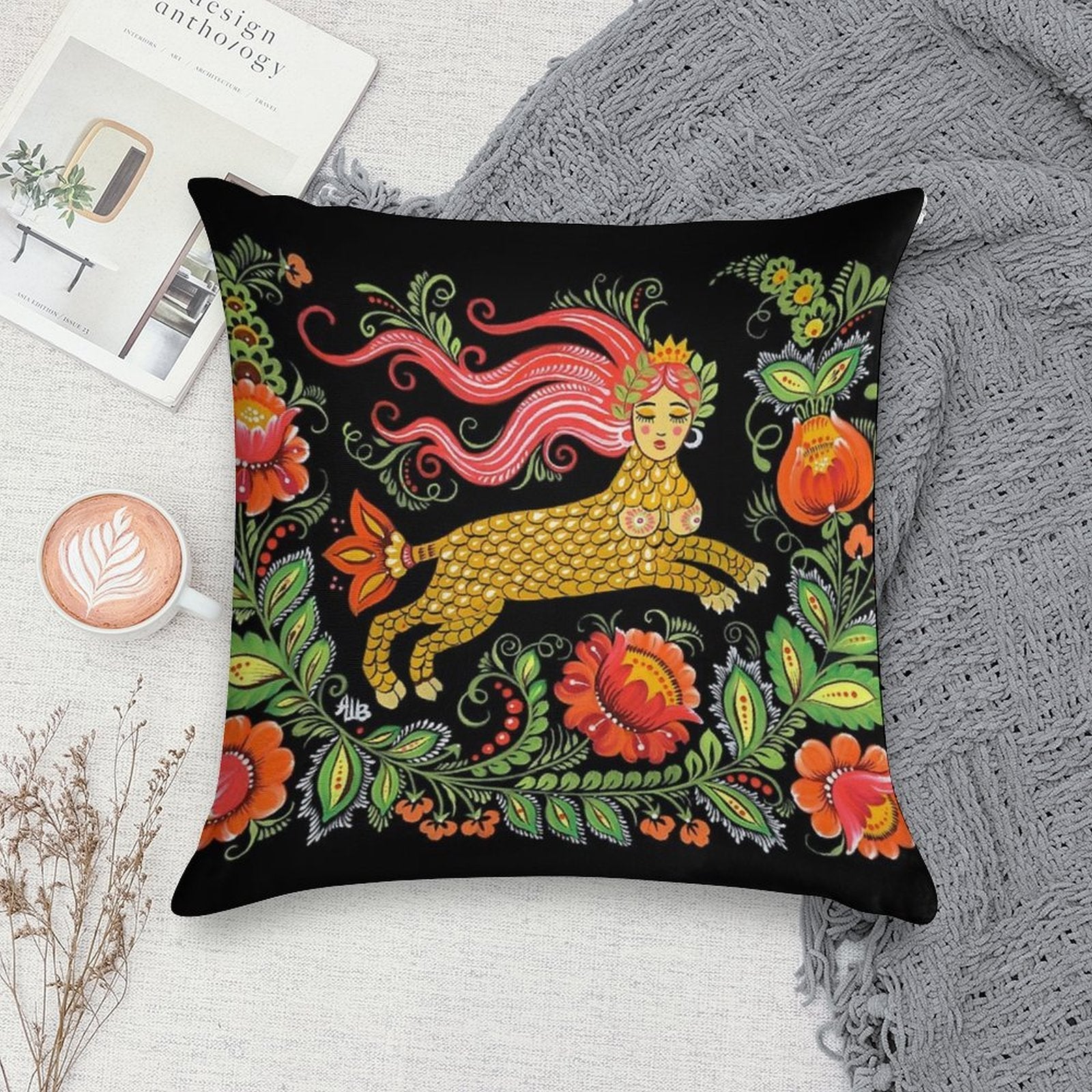 Magical Creature Folk Art (Lamia) Soft Luxury Feel Throw Pillow