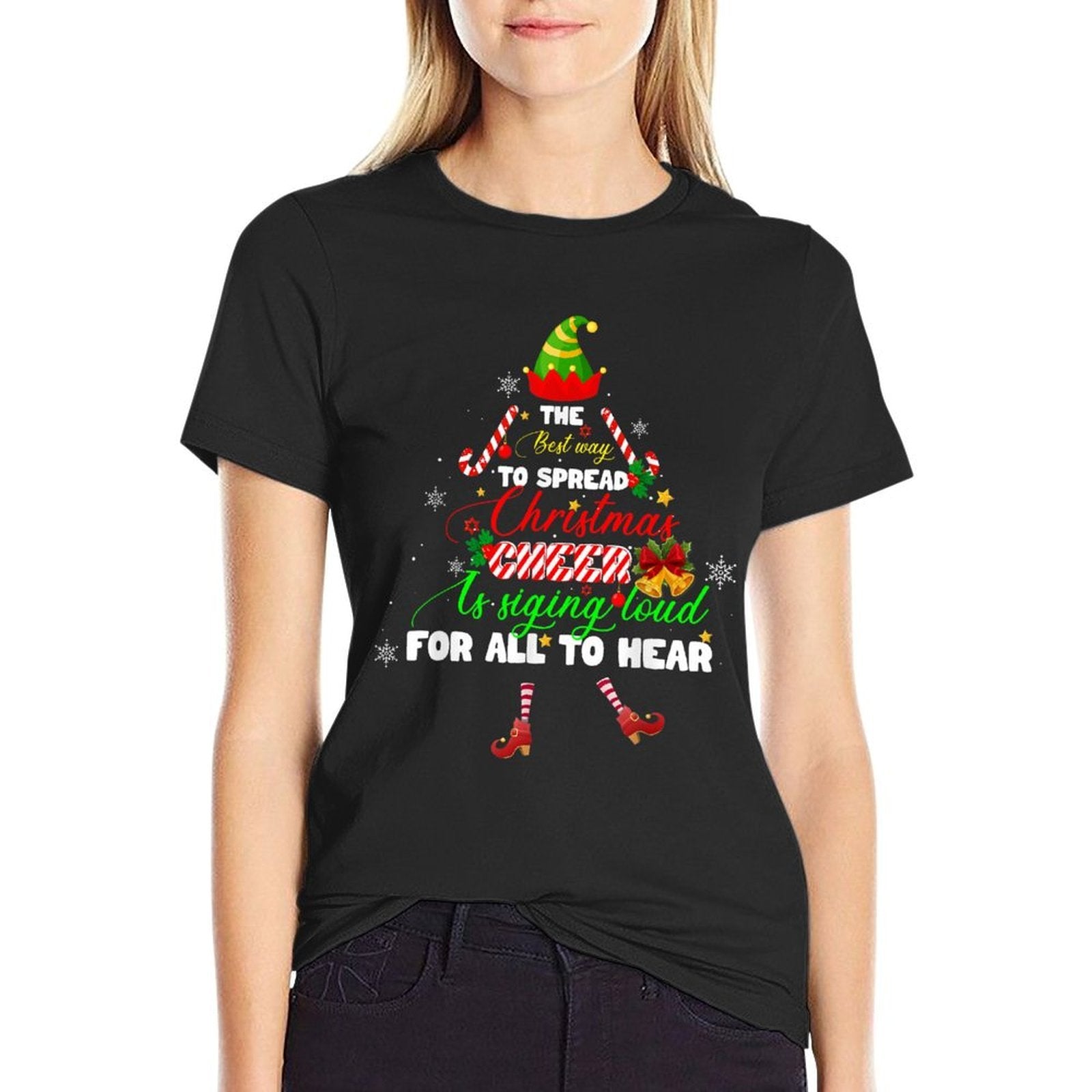 Spread Christmas Cheer Is Singing Loud Elf Pajamas Xmas  Ribbed Collar T-Shirt