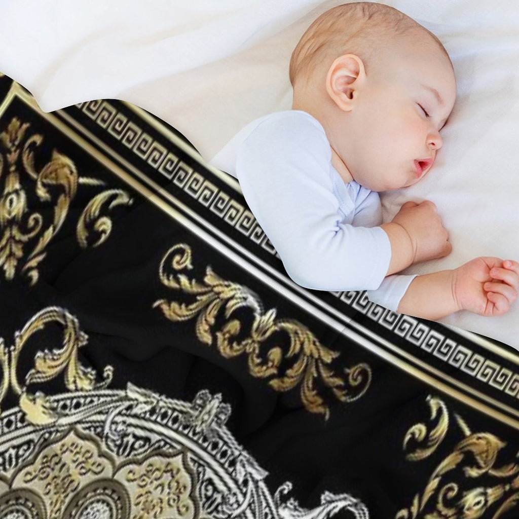 Ornate Baroque Gold Pearl Black Waves Greek Meander Easy Care Throw Blanket