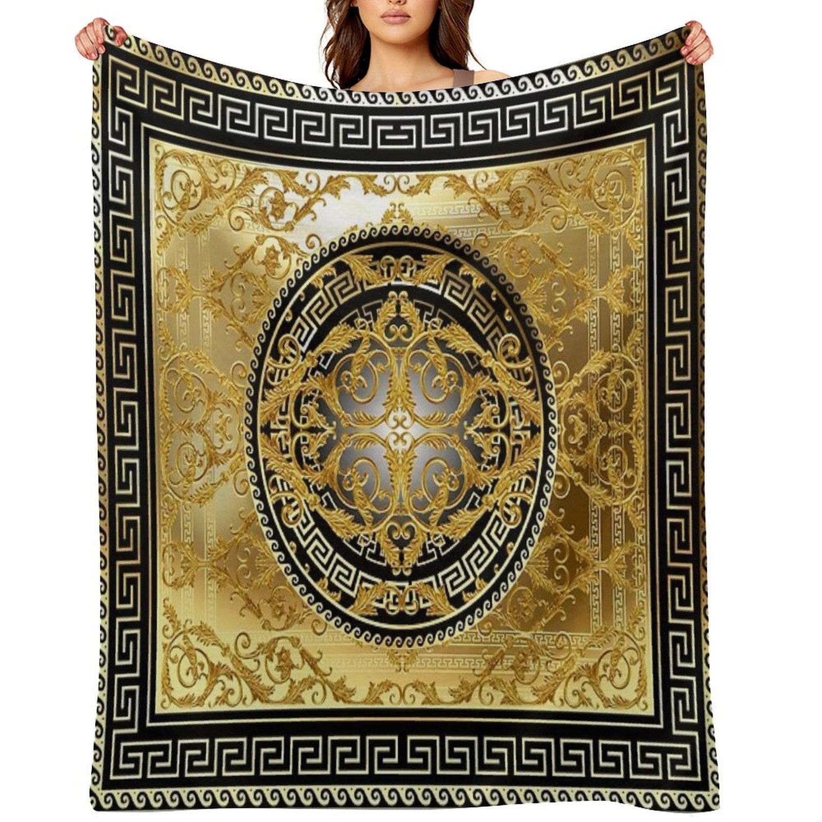 Ornate Baroque Black Gold Greek Keys Meander Travel-friendly Throw Blanket