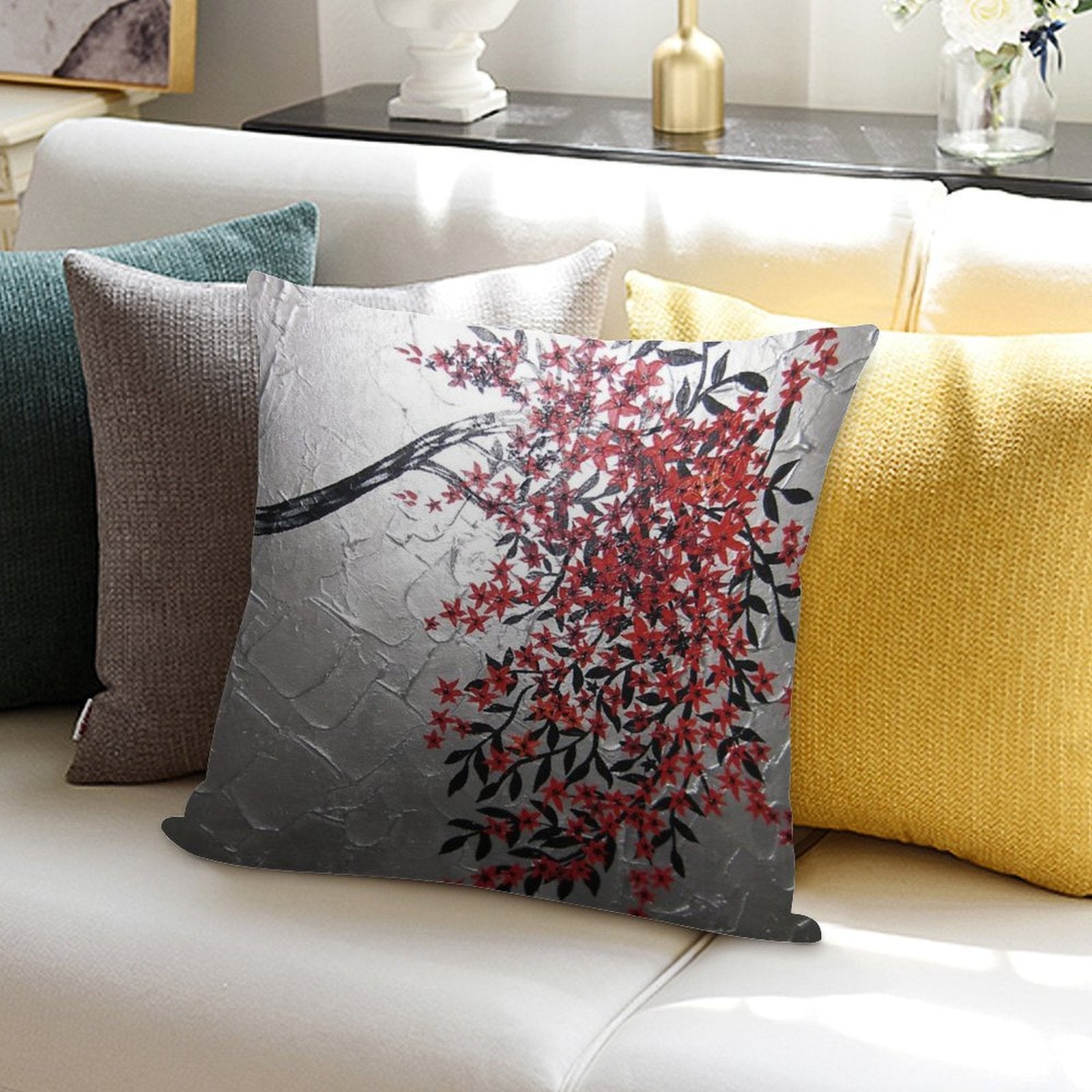 Red Black And Silver Cherry Blossom Tree Art Soft Shrink-Resistant Throw Pillow