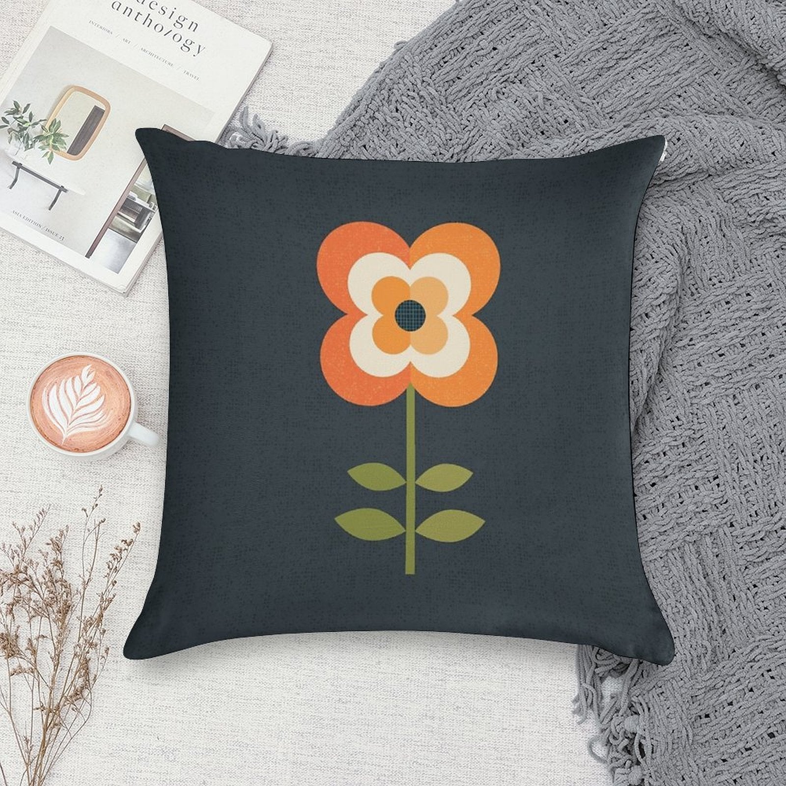 Retro Flower - Orange And Charcoal Soft Gift Ready Throw Pillow