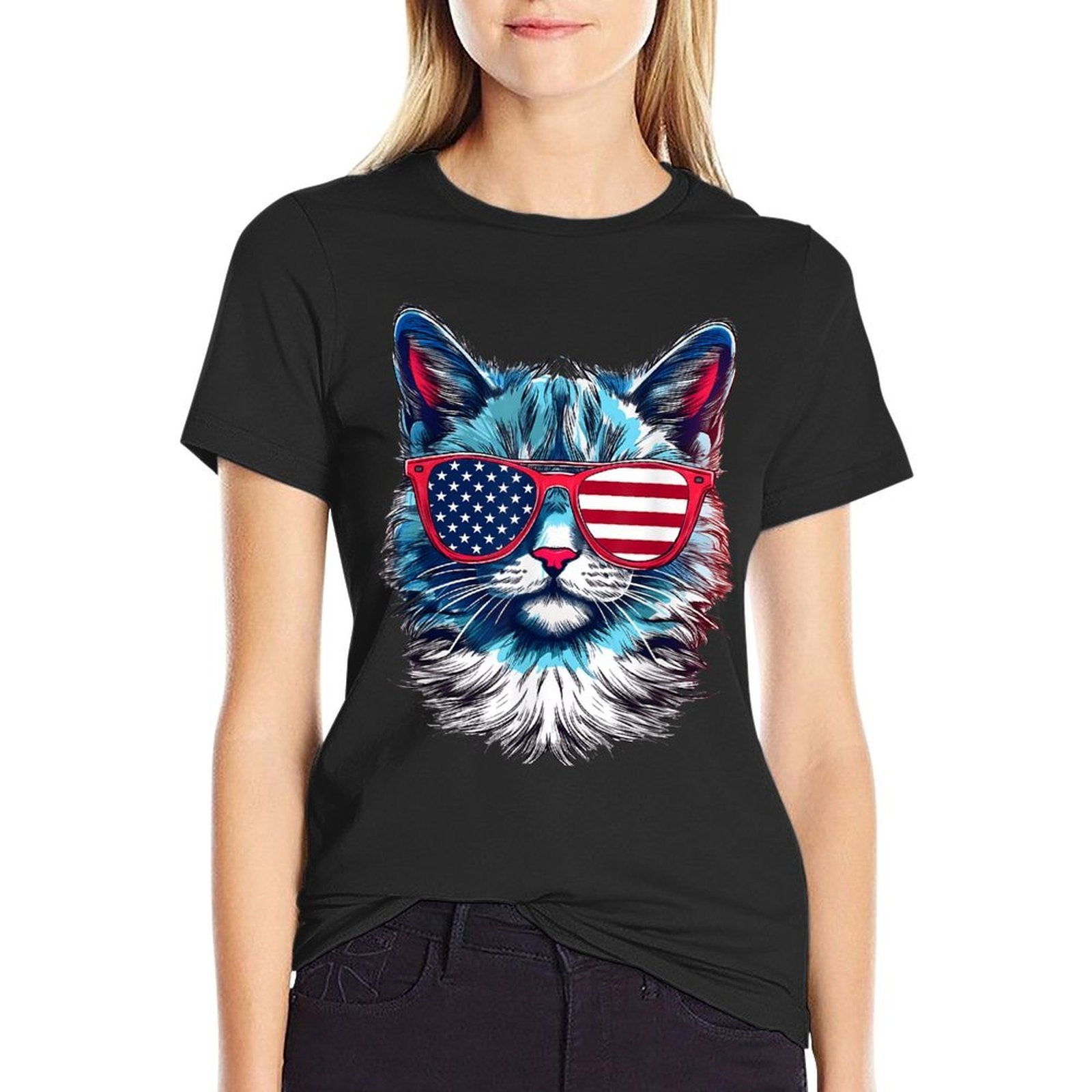 American Cat Sunglasses USA 4th of July Cat Graphic  Slim-fit Cut T-Shirt