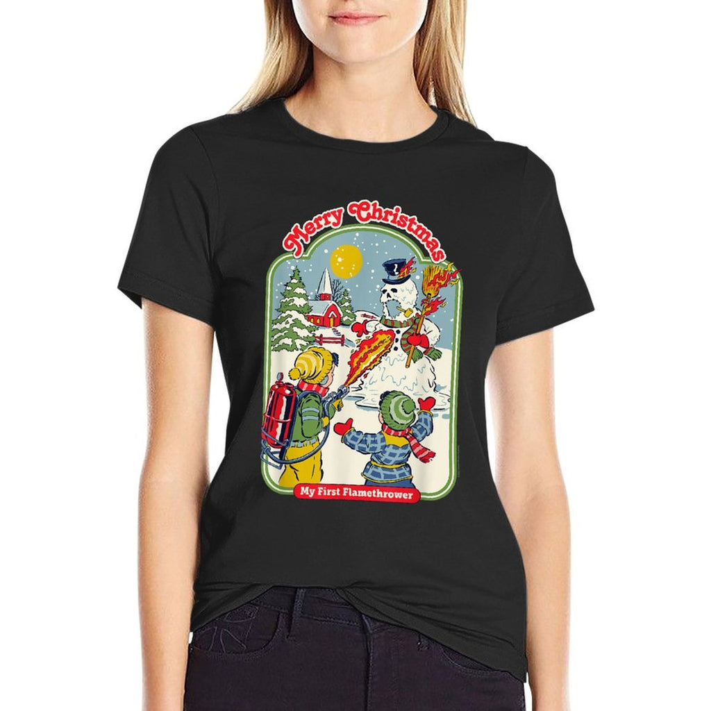 Steven Rhodes My First Flamethrower Snowman Retro Dark Humor  Moisture-wicking T-Shirt