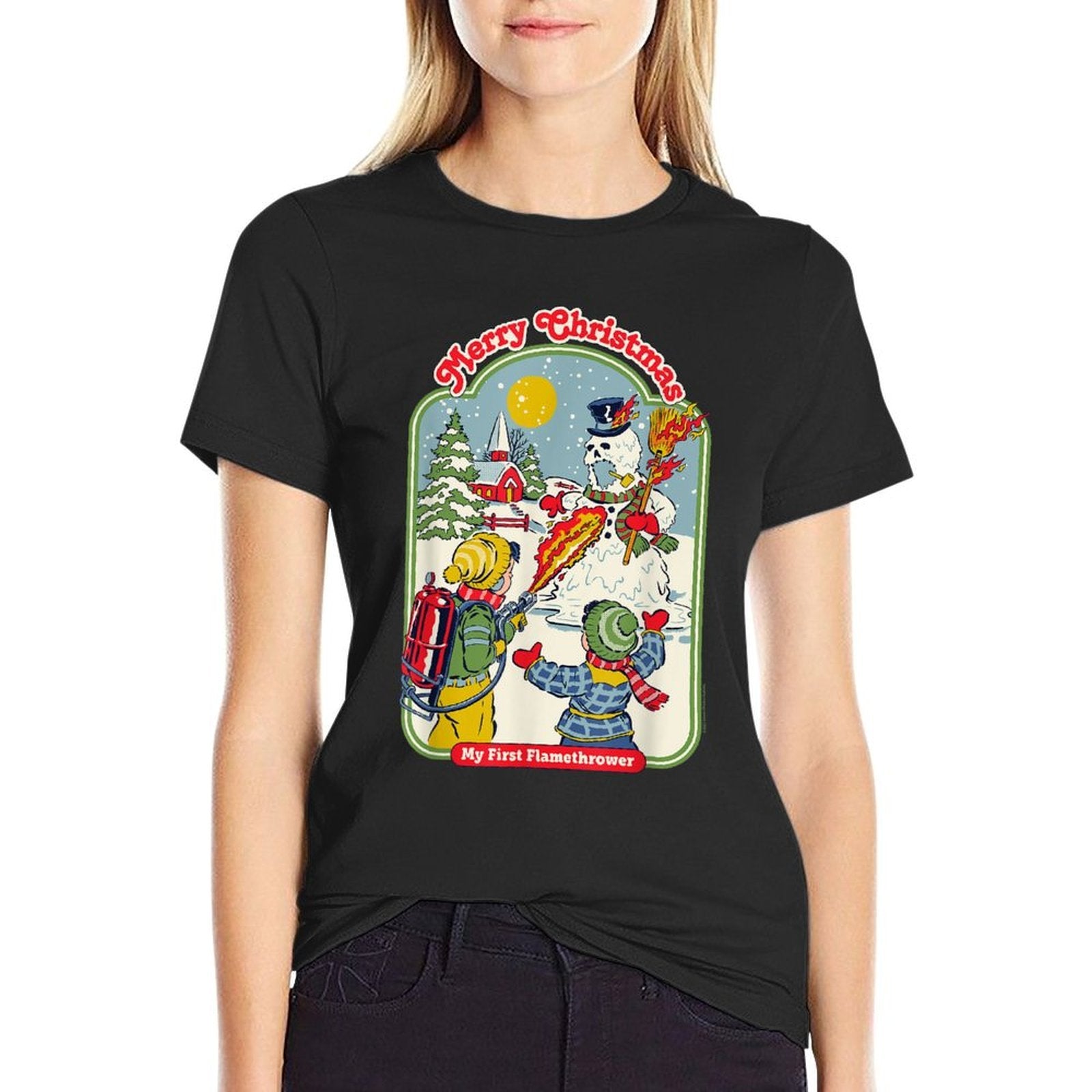 Steven Rhodes My First Flamethrower Snowman Retro Dark Humor  Moisture-wicking T-Shirt