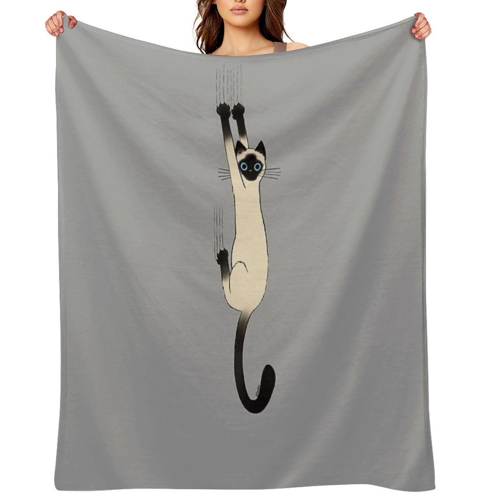 Siamese Cat Hanging On with Claws Funny Cat Holding On Wrinkle-free Throw Blanket
