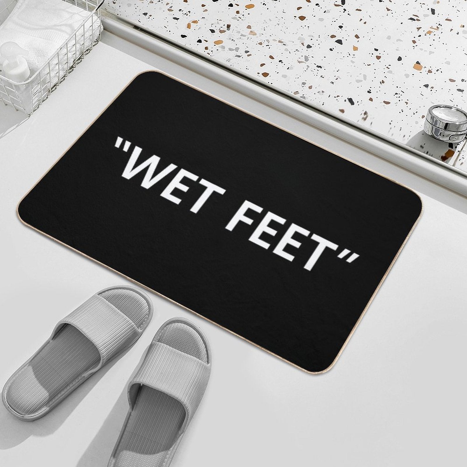 Wet Feet White on Black  Stain-Proof Bath Mat