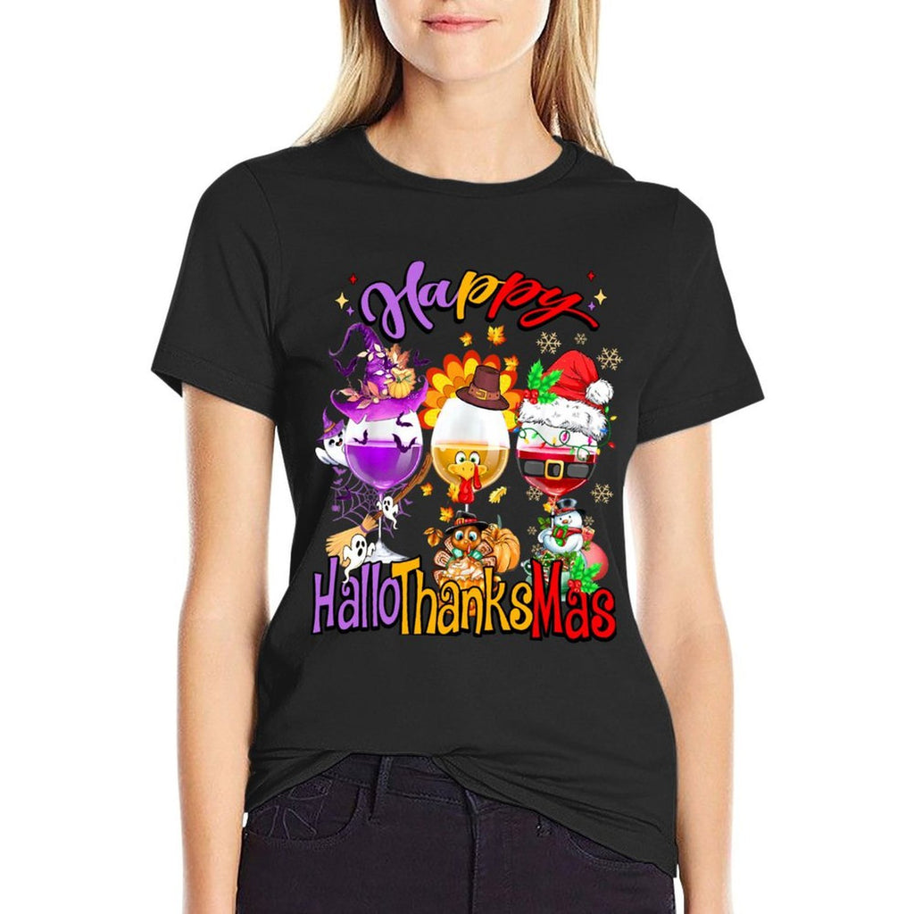 Happy Hallothanksmas Wine Glass Ghosts Turkey Santa Drinking  Wrinkle-resistant T-Shirt