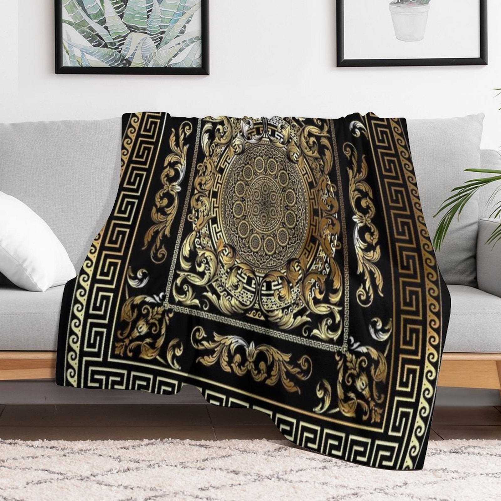 Gold Ornate Baroque Gold Black Greek Meander Machine-washable Throw Blanket