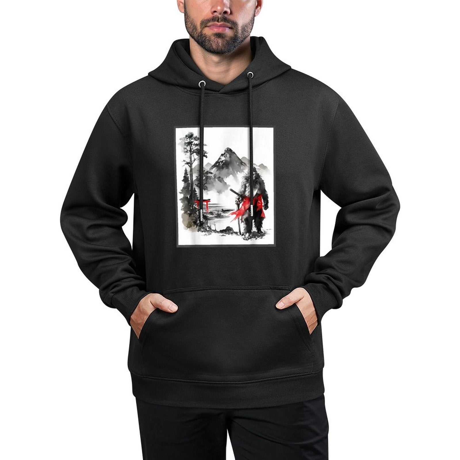 Bigfoot Samurai Japanese Vintage Painting Sumi-E Sasquatch Shape Retention Hoodie