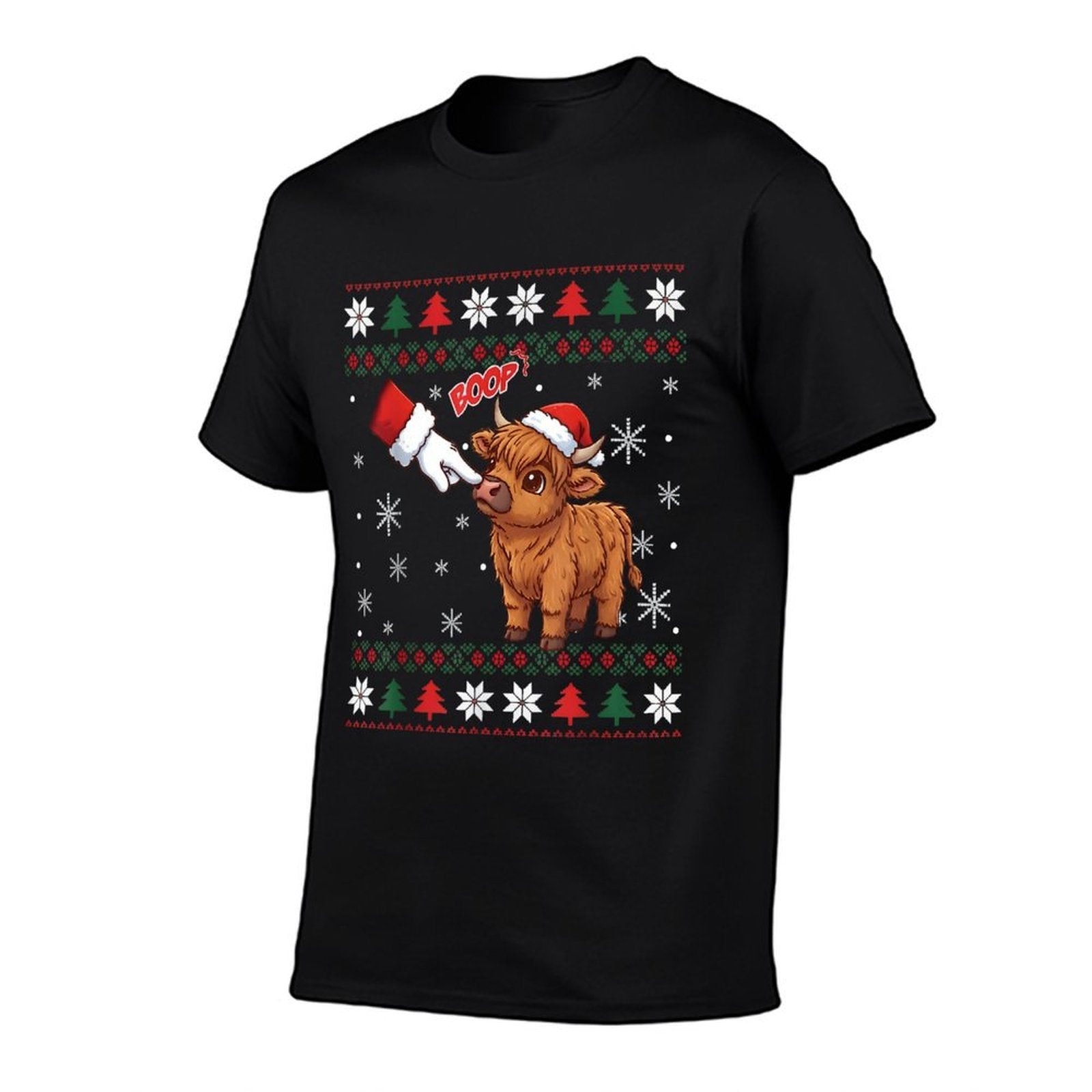 Santa Farmer Funny Western Hand Boop Christmas Highland Cow  Wrinkle-resistant T-Shirt
