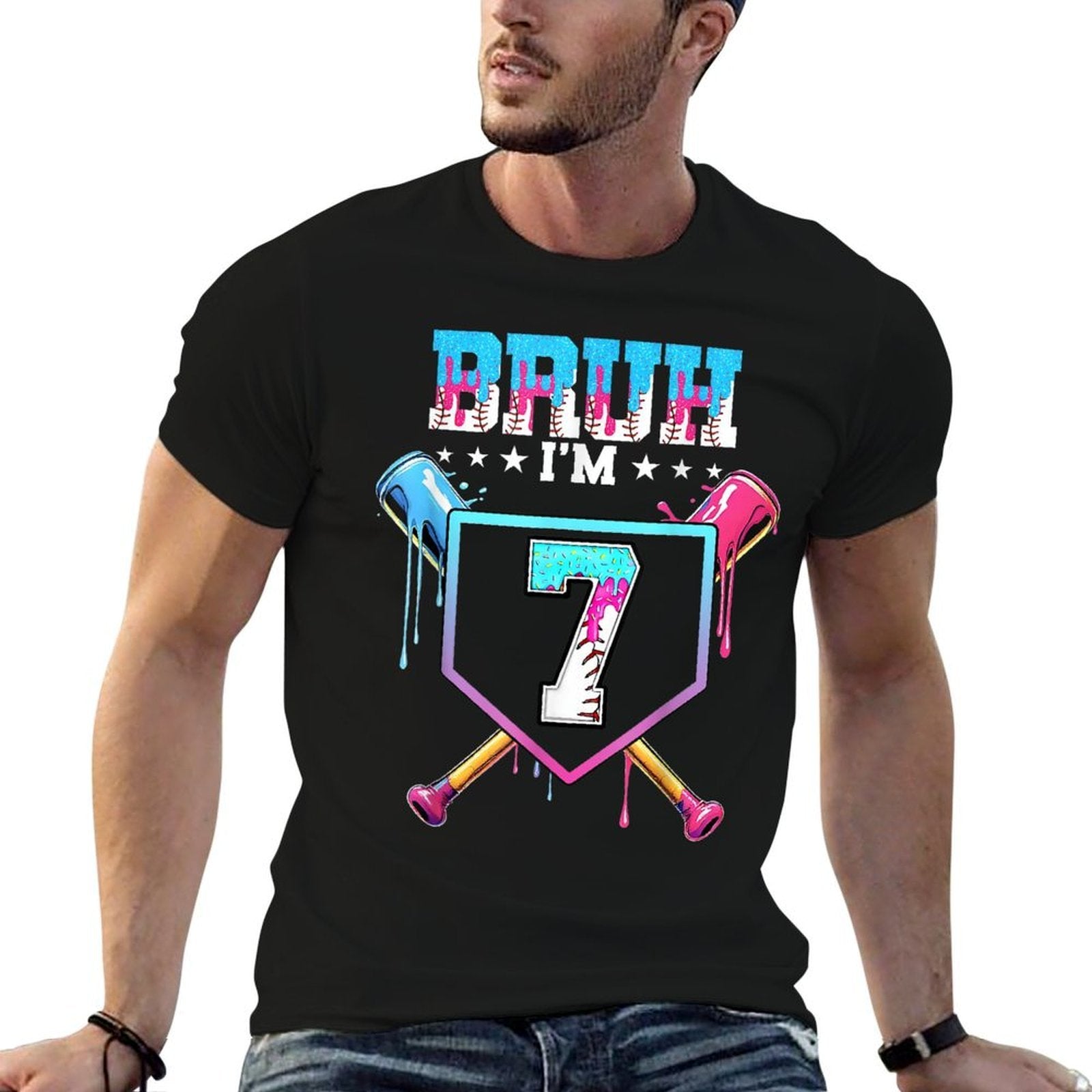 Bruh 7th Birthday Boy Baseball Ice Cream Drip 7 Year Old Boy  Relaxed-fit T-Shirt