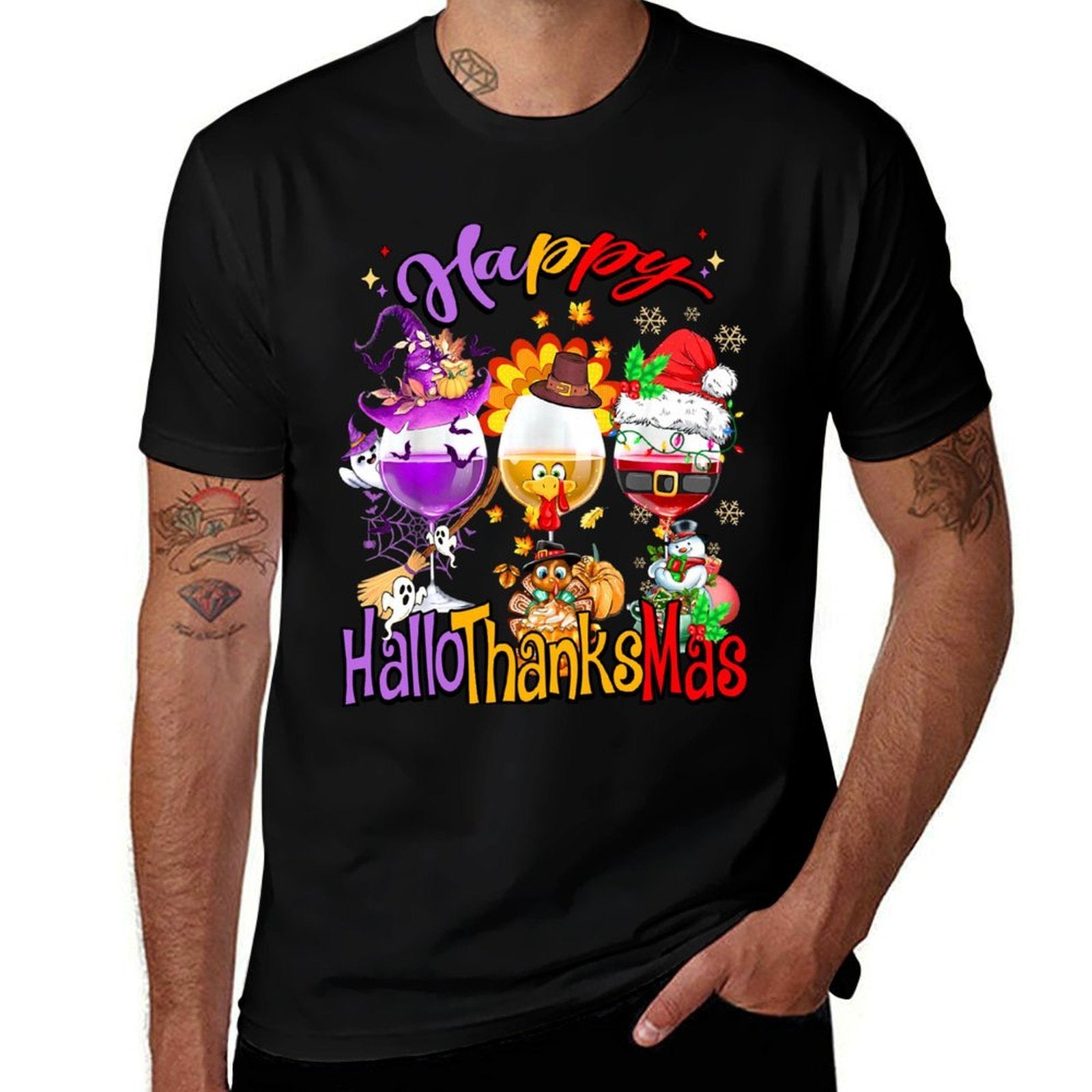 Happy Hallothanksmas Wine Glass Ghosts Turkey Santa Drinking  Wrinkle-resistant T-Shirt