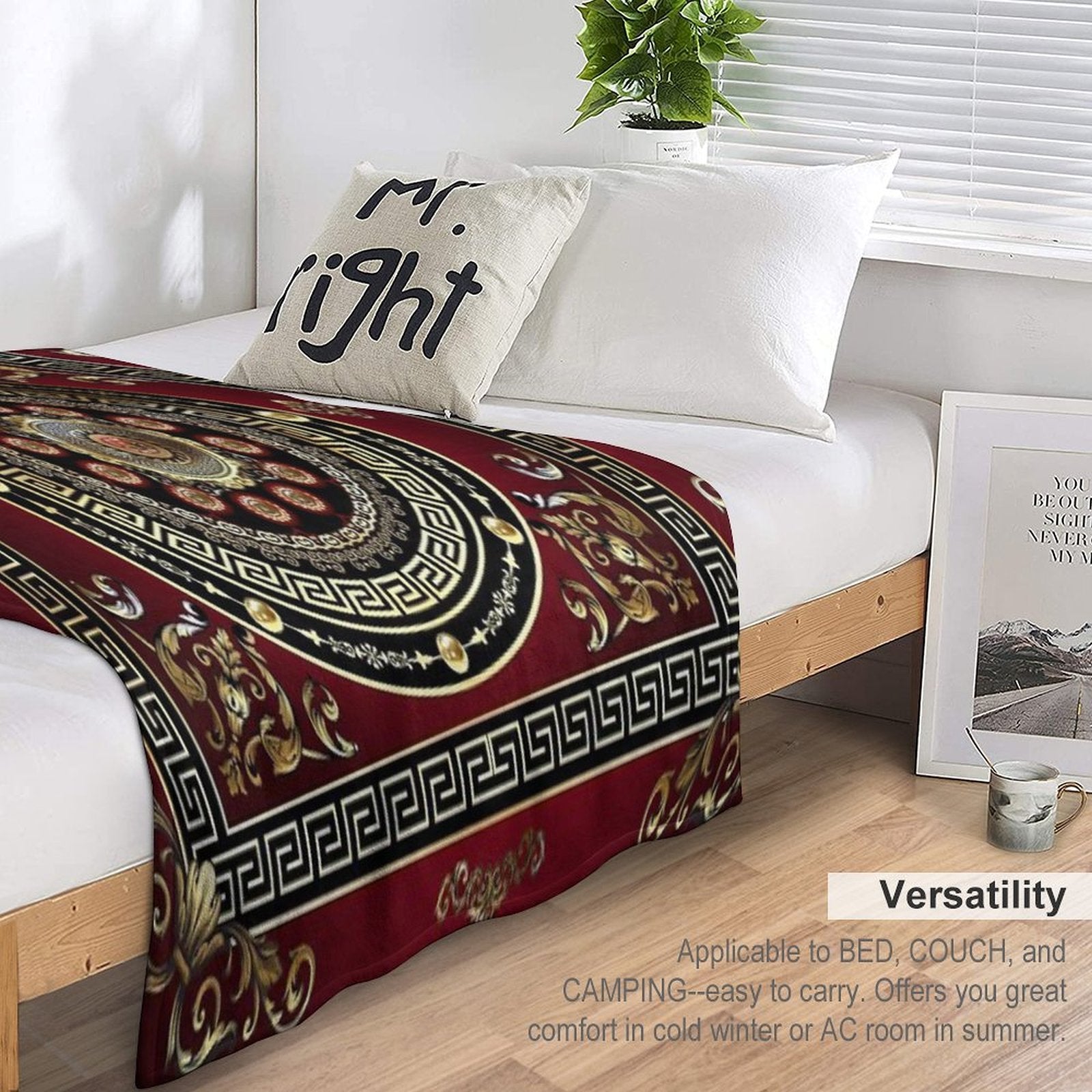 Greek Key Meander Red Gold Black Medallion Baroque Lightweight Throw Blanket