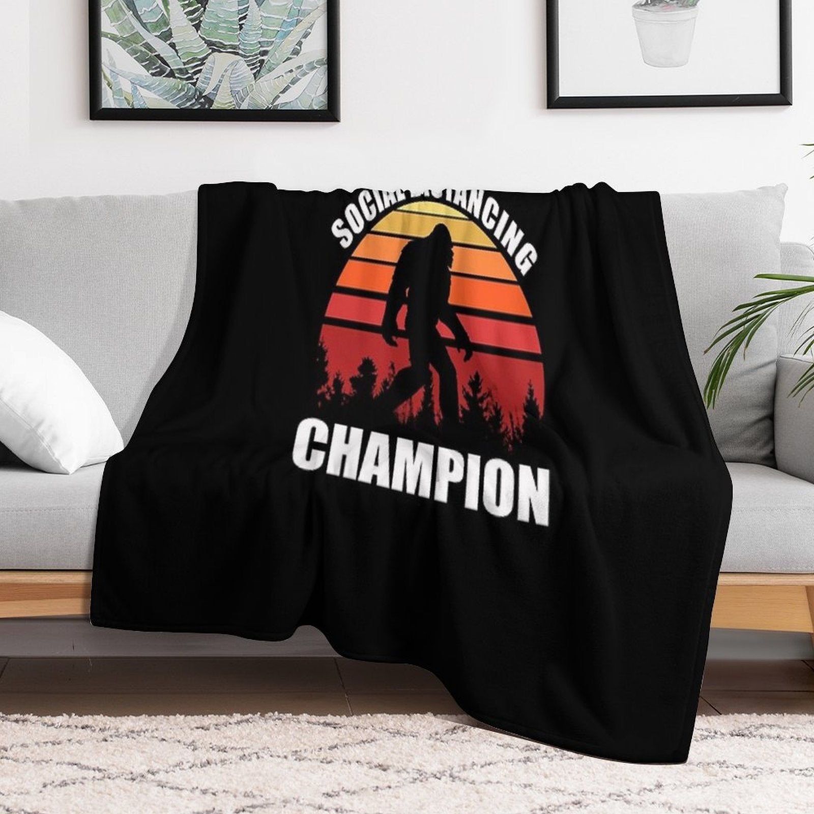 Bigfoot Funny Social Distancing Champion Vintage Sunset Lightweight Throw Blanket
