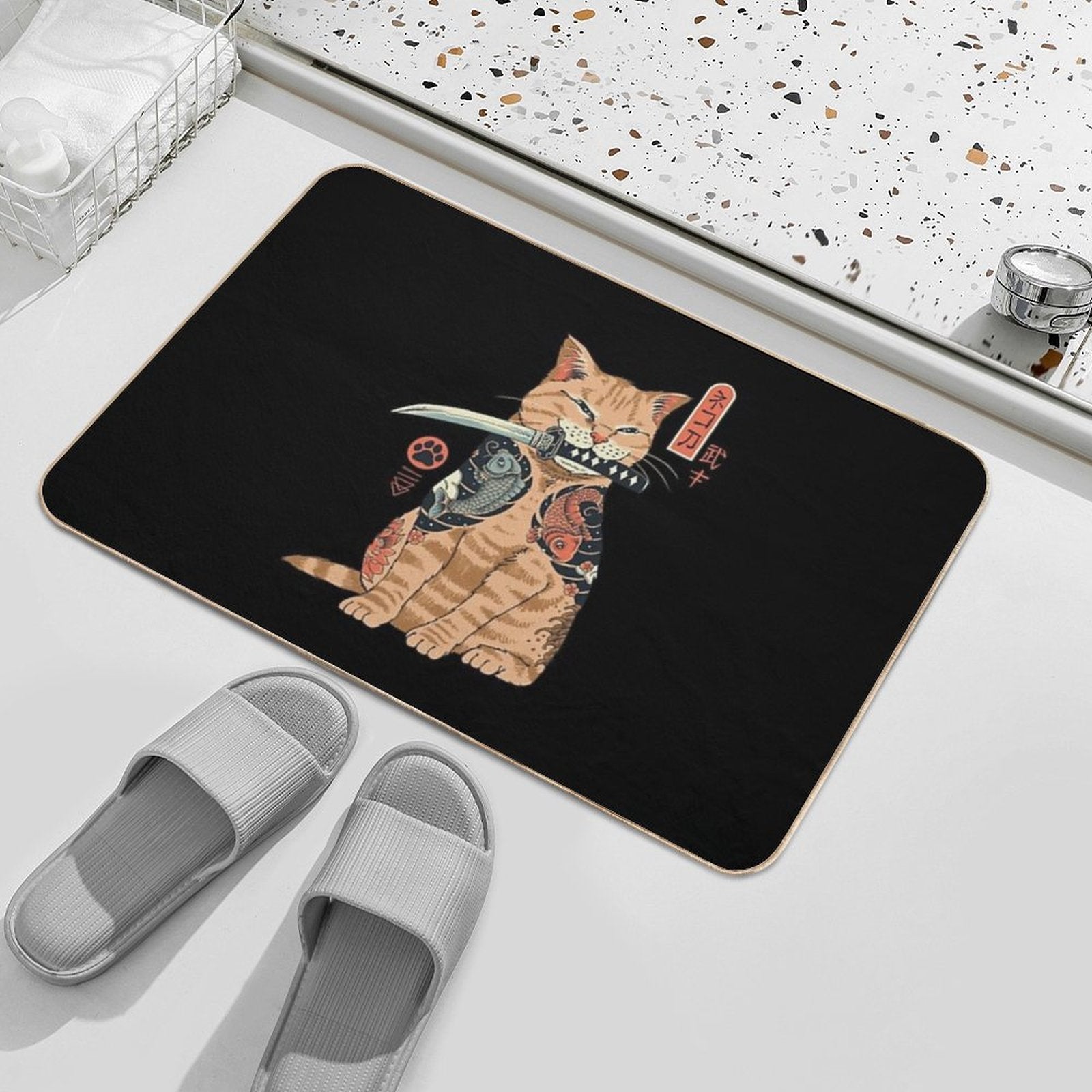 Katana Cat Vintage  Easy To Clean Bath Mat