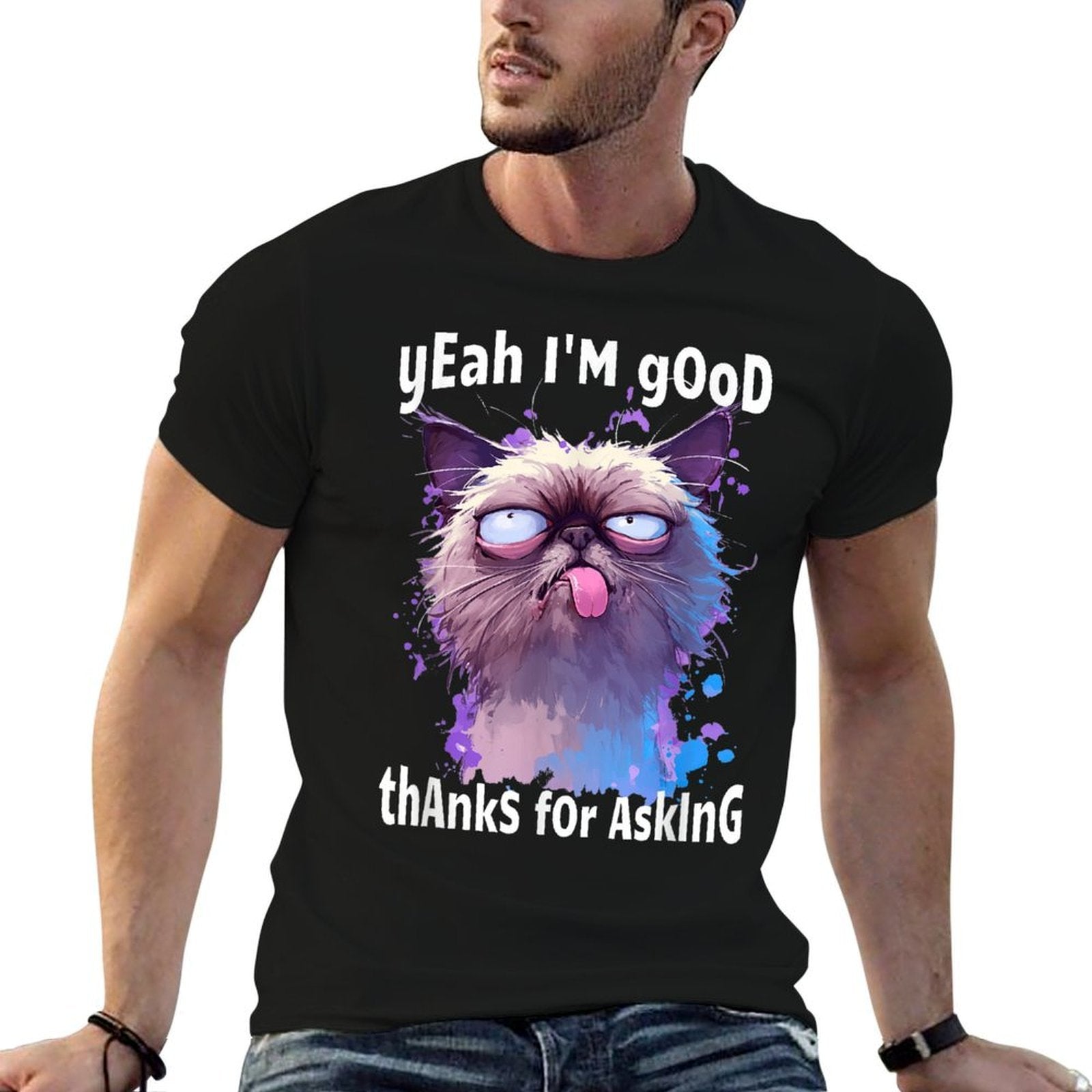 Funny Cat Face Meme Cat Stressed Kitty Yeah Im Good Thanks  Rolled Sleeves T-Shirt
