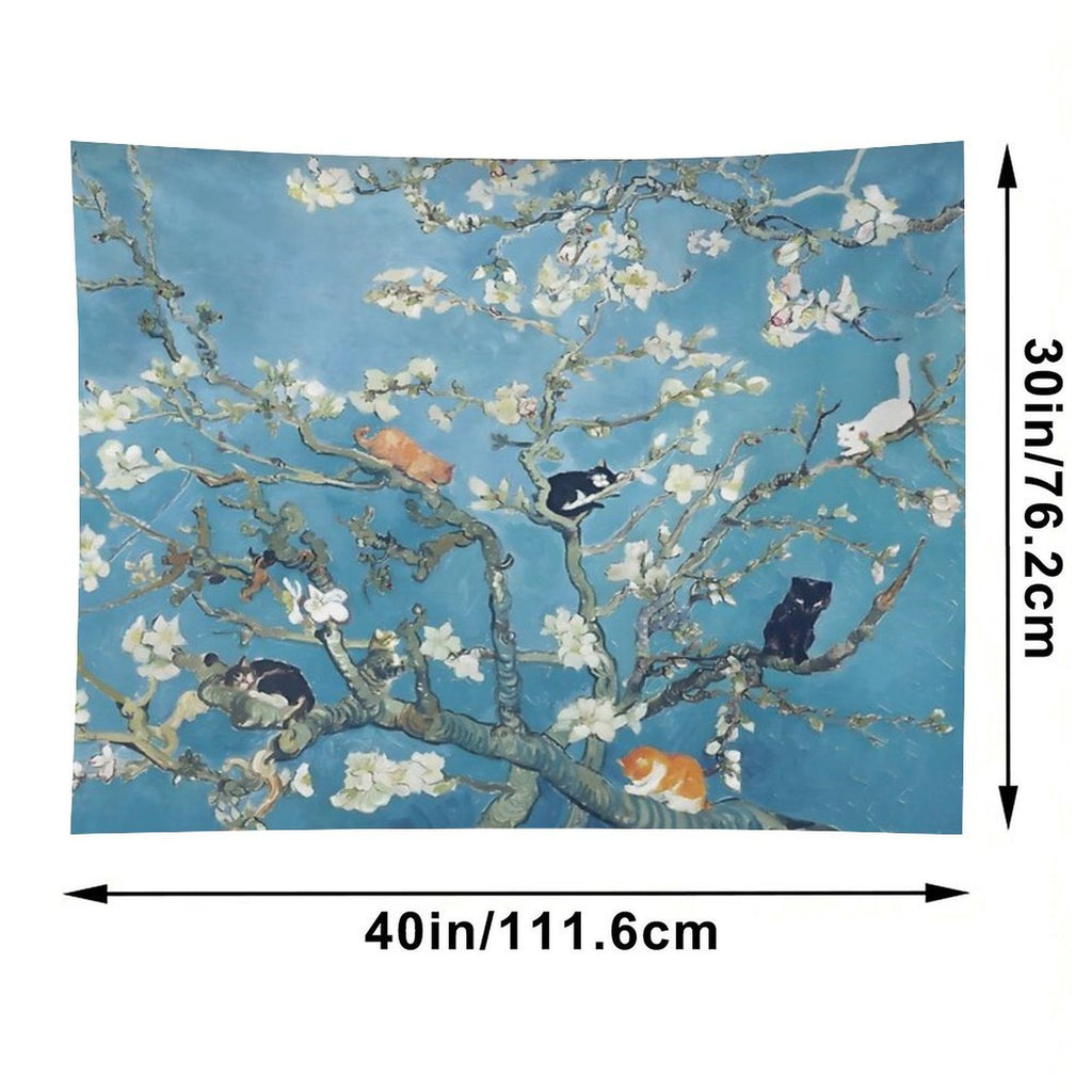 Van Gogh Cute Cats in Almond Blossom Tapestry