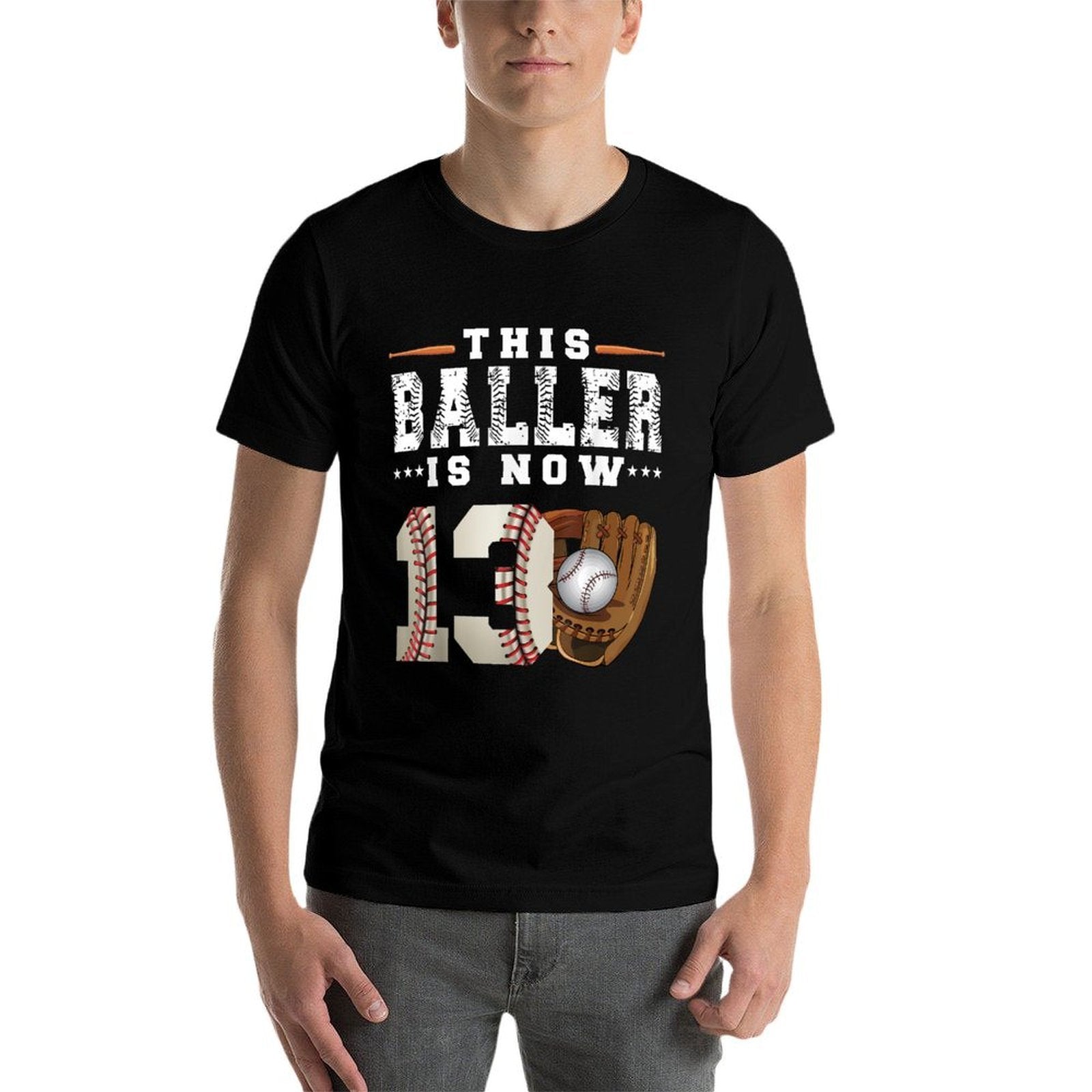 13 Years This Baller Is Now 13 Kids Baseball 13th Birthday  Ribbed Collar T-Shirt