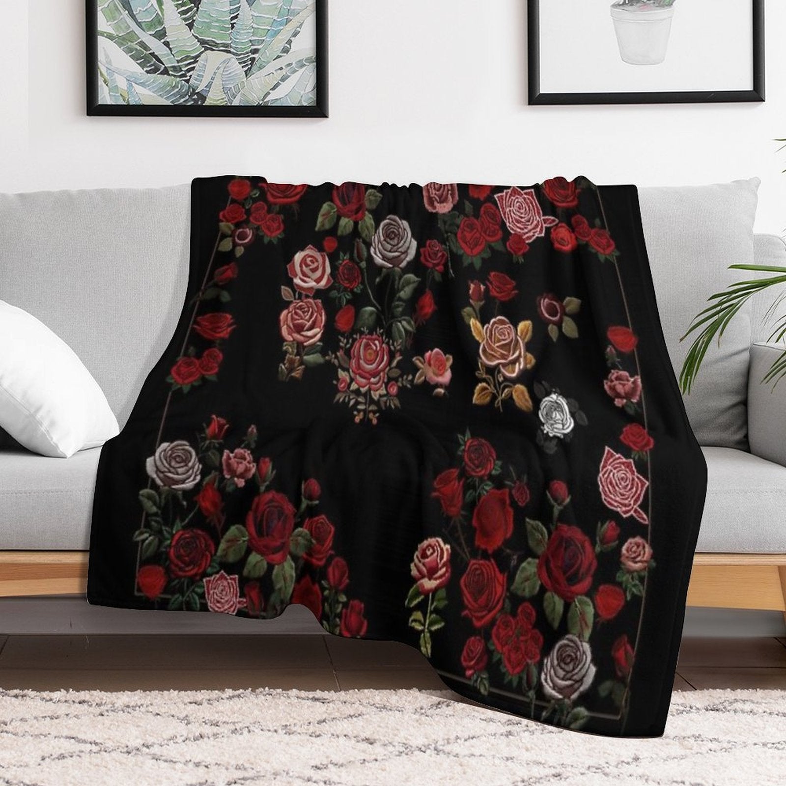 Rose Garden (Black) Sustainable Throw Blanket