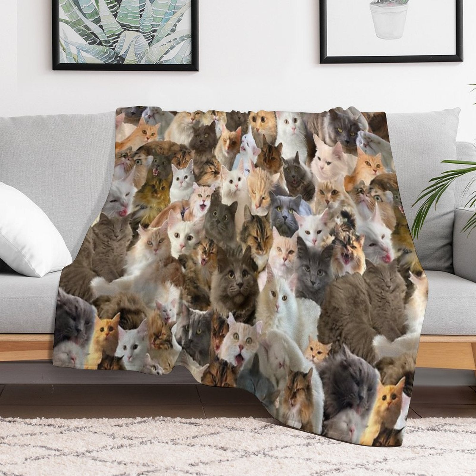 Fluffy Cat Pattern Sustainable Throw Blanket