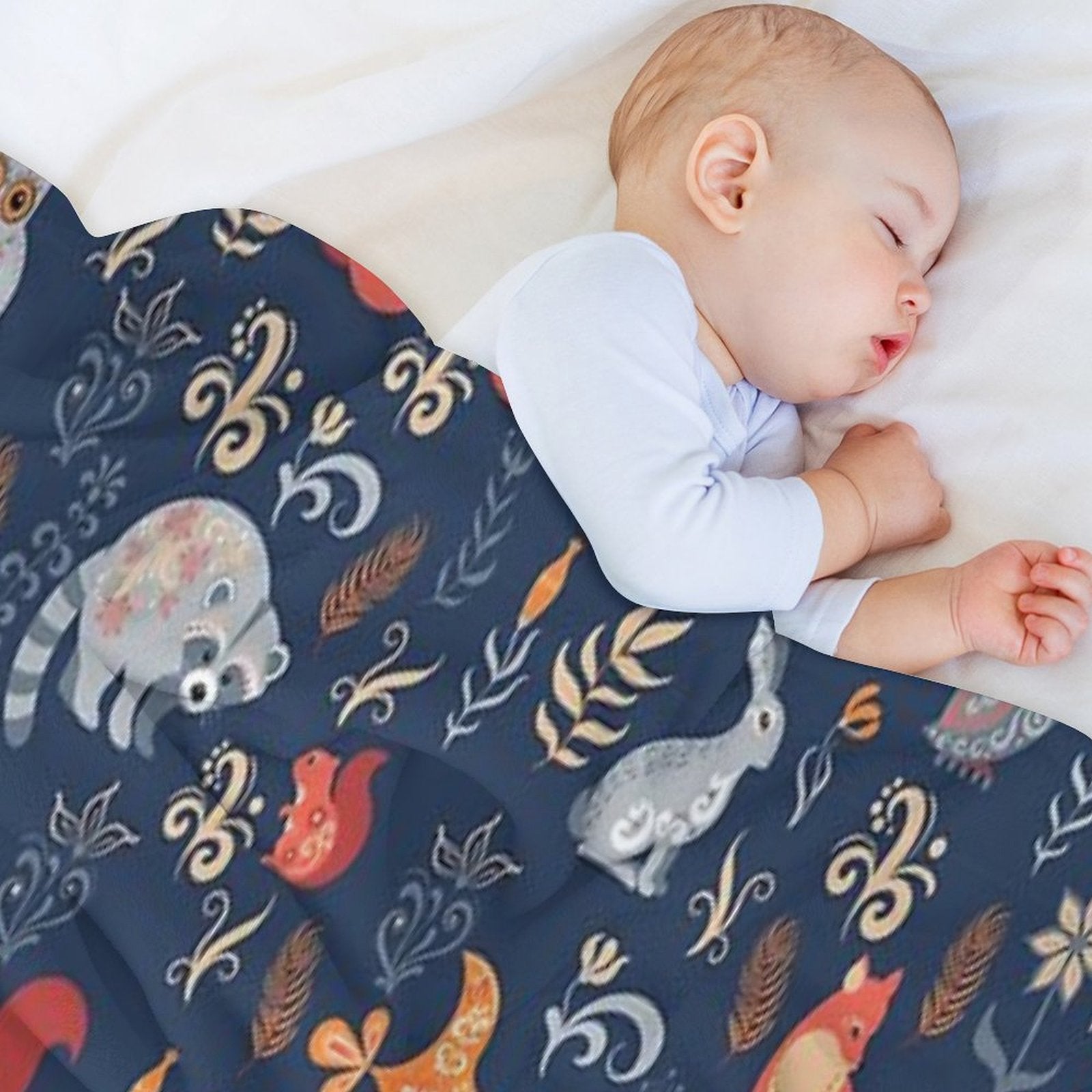 Fairy-tale Forest. Fox, Bear, Raccoon, Owls, Rabbits, Flowers And Herbs on A Blue Background. Anti-pilling Throw Blanket