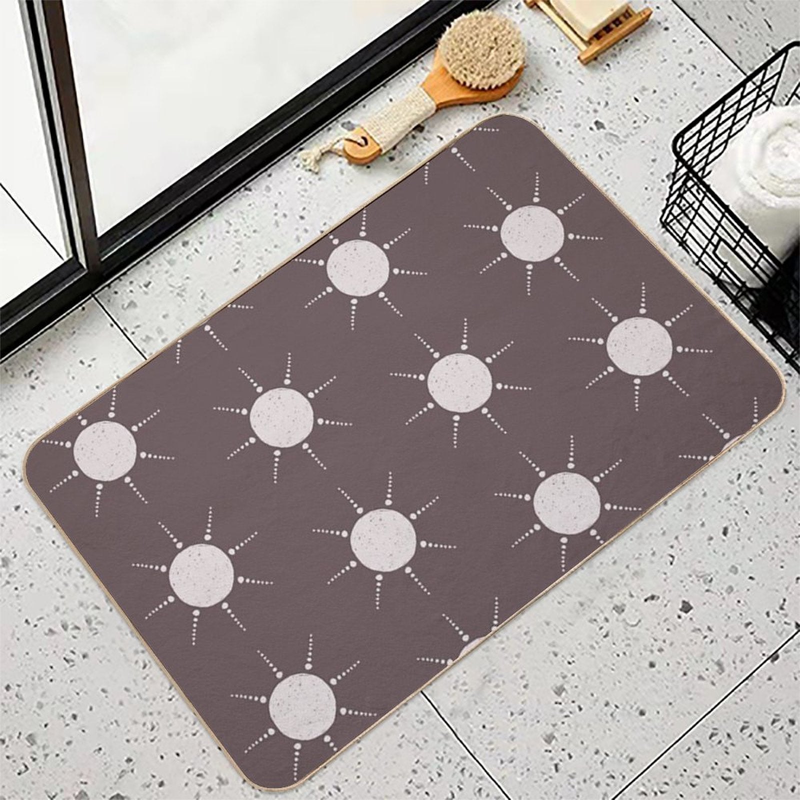 Pretty Polka Dots Sun Pattern Boho Aesthetic In Muted Colors Walnut Brown  Rapid-Drying Bath Mat