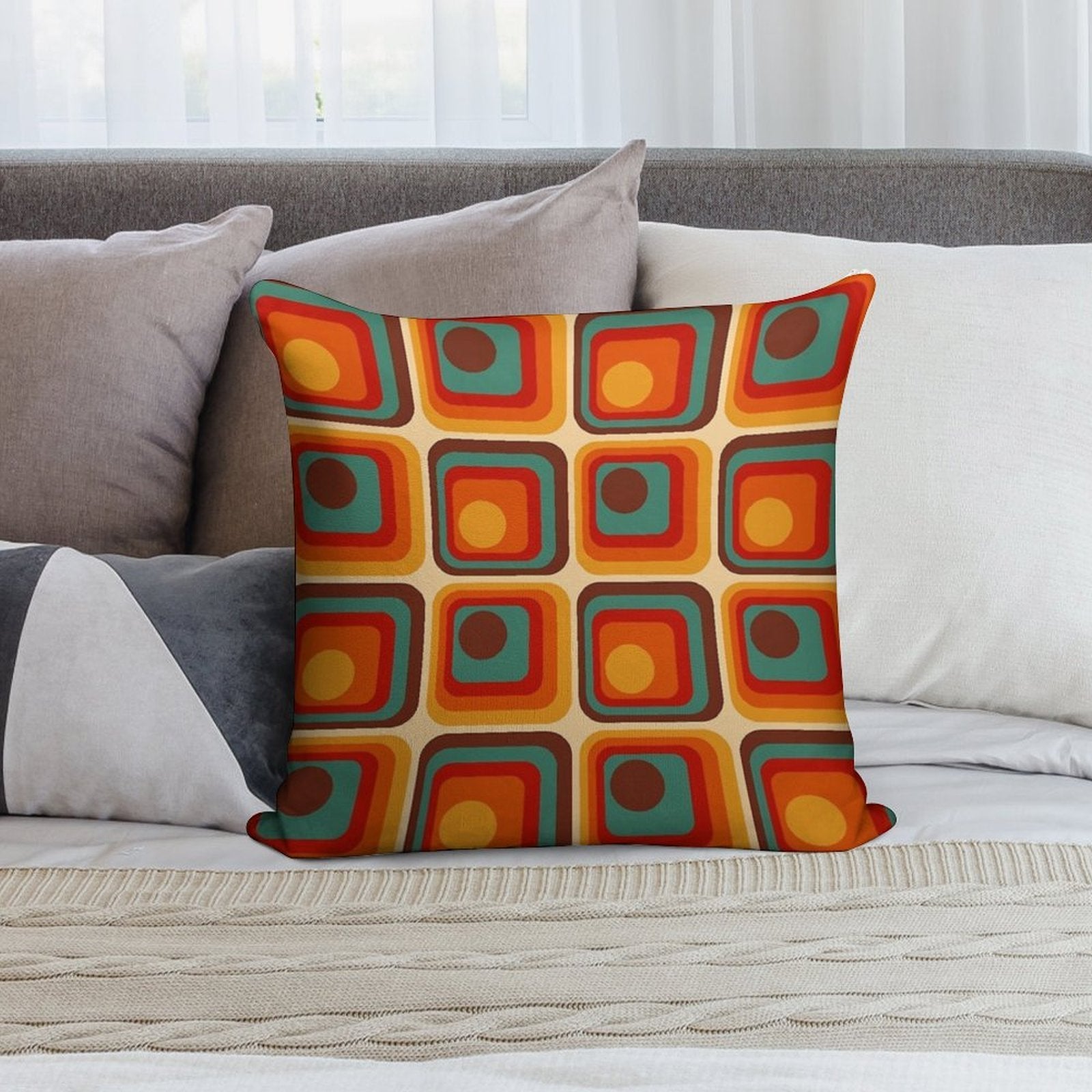 Retro Geometric Gradient Square And Circle Pattern 221 Soft Washable Throw Pillow