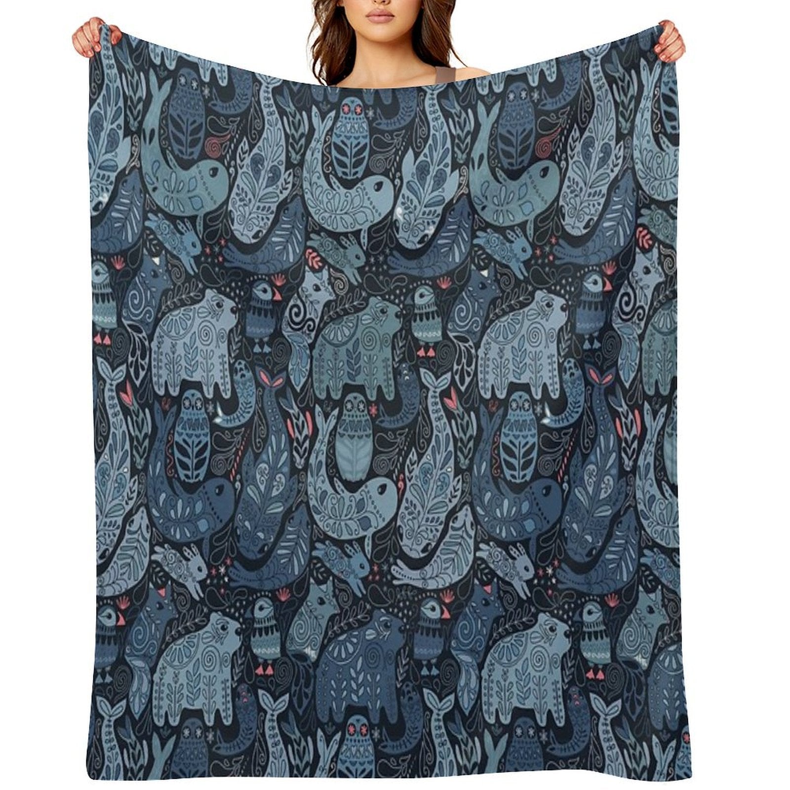 Arctic Animals. Narwhal, Polar Bear, Whale, Puffin, Owl, Fox, Bunny, Seal. Gift-ready Throw Blanket