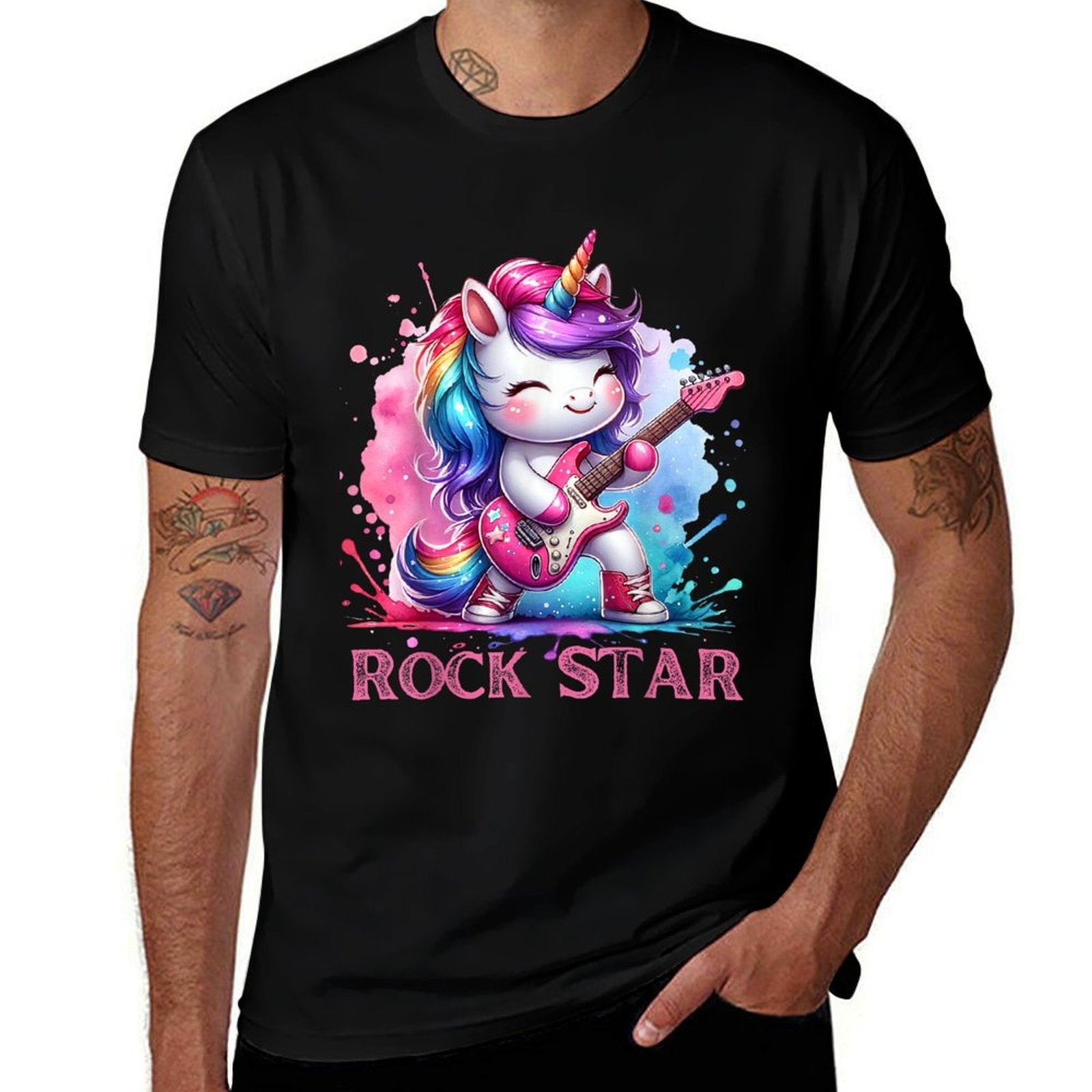 Cute Unicorn Rock Star Guitar Rockin' Music Singer  Fade-proof Color T-Shirt