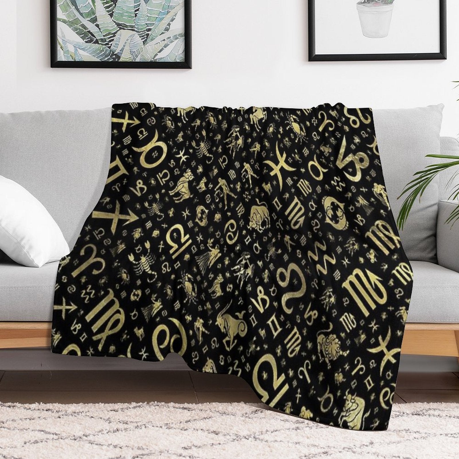 Zodiac Symbols And Glyphs Gold on Black Easy Care Throw Blanket